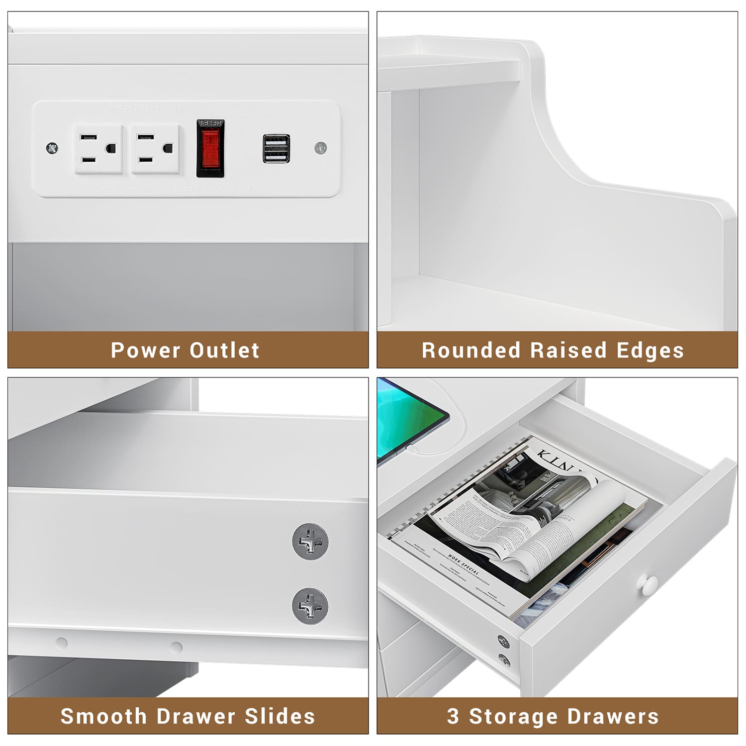 Sikaic Nightstand with Charging Station Hutch & Storage Drawers White
