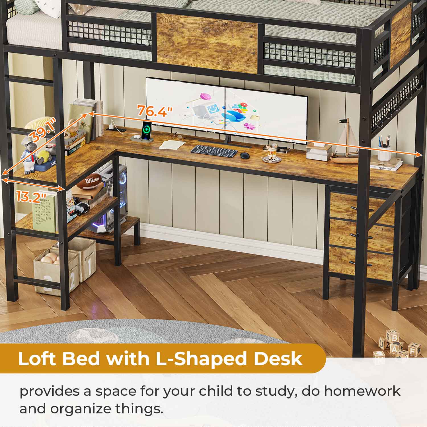 Sikaic Bed Frame Metal Loft Bed Frame Twin Size with L-Shaped Desk LED Lights Charging Station Drawers & Shelve Black