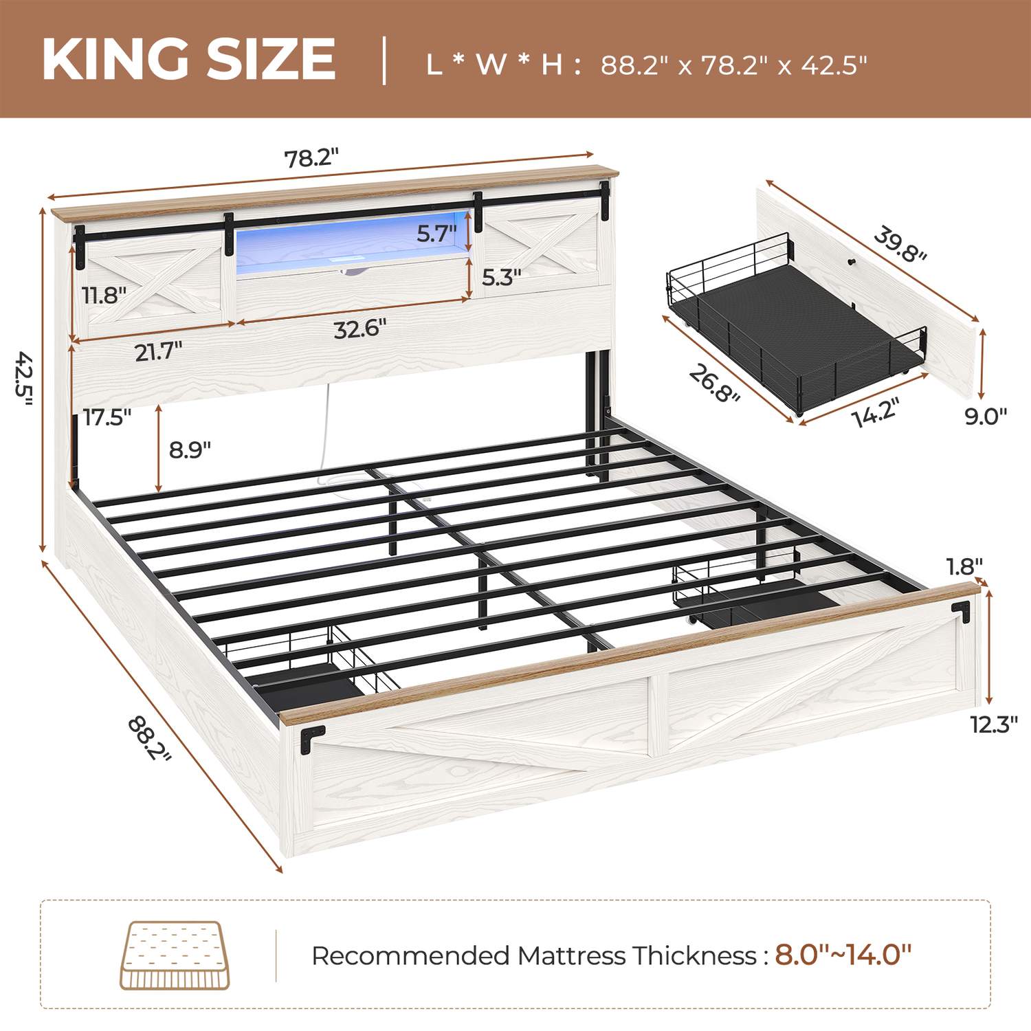 Sikaic Bed Frame LED Farmhouse Wooden Platform Bed Frame With Charging Station 2 Drawers & Storage Headboard Sliding Barn Door White