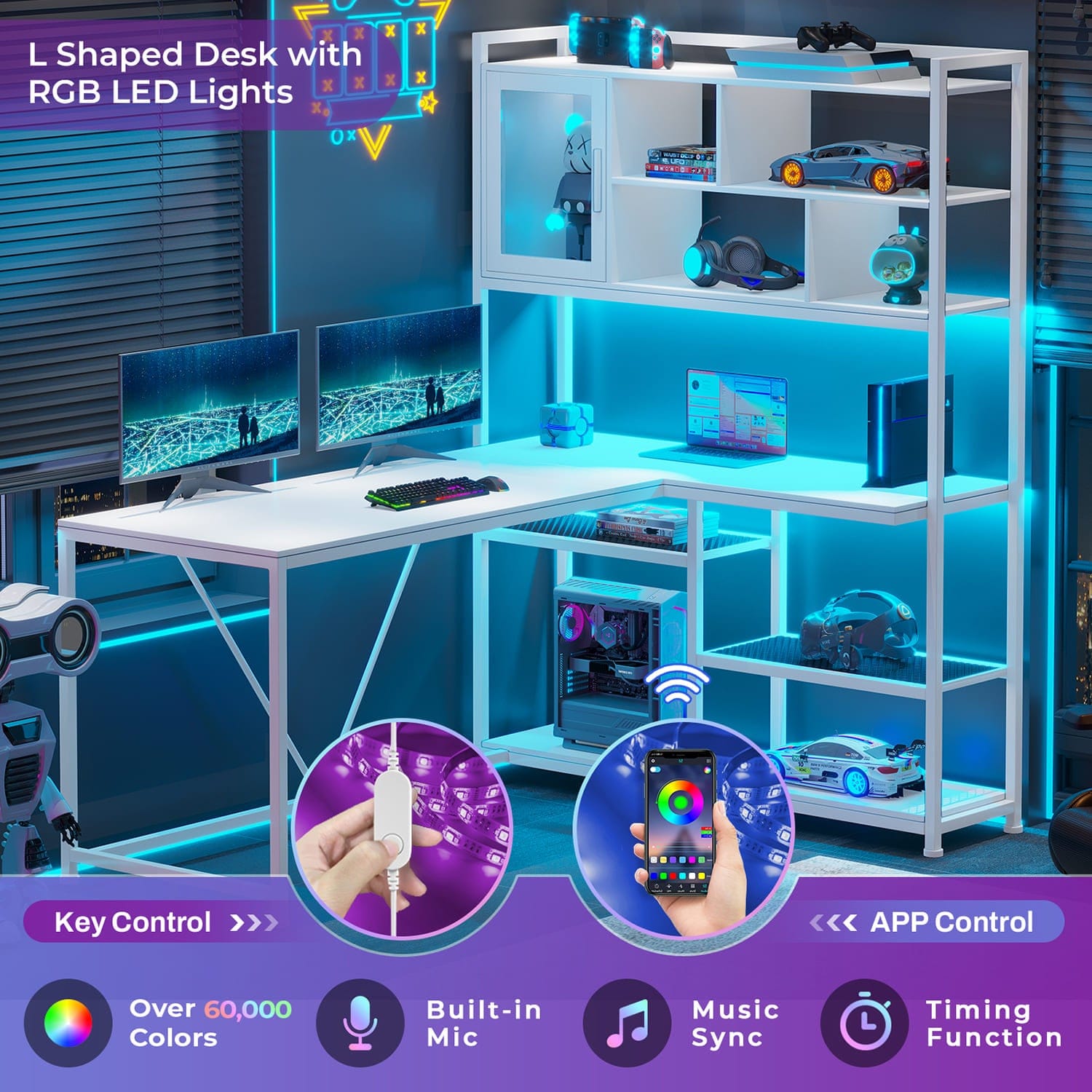 Sikaic Gaming Desk 58 Inches L Shape Corner Gaming Desk with LED Light Bookshelf White