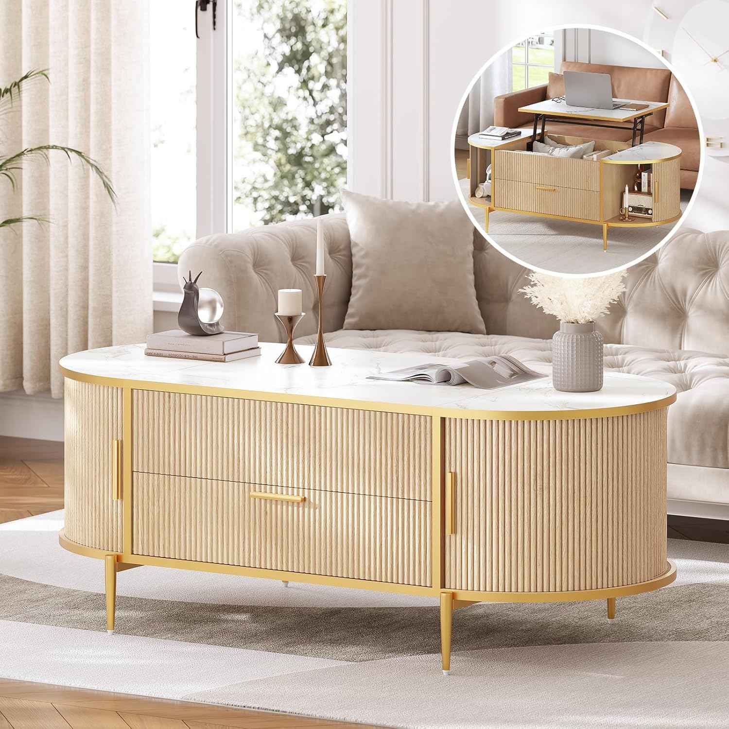 Sikaic Coffee Table Fluted Lift Top Coffee Table with Storage Natural Oak Natural / Engineered Wood / Modern