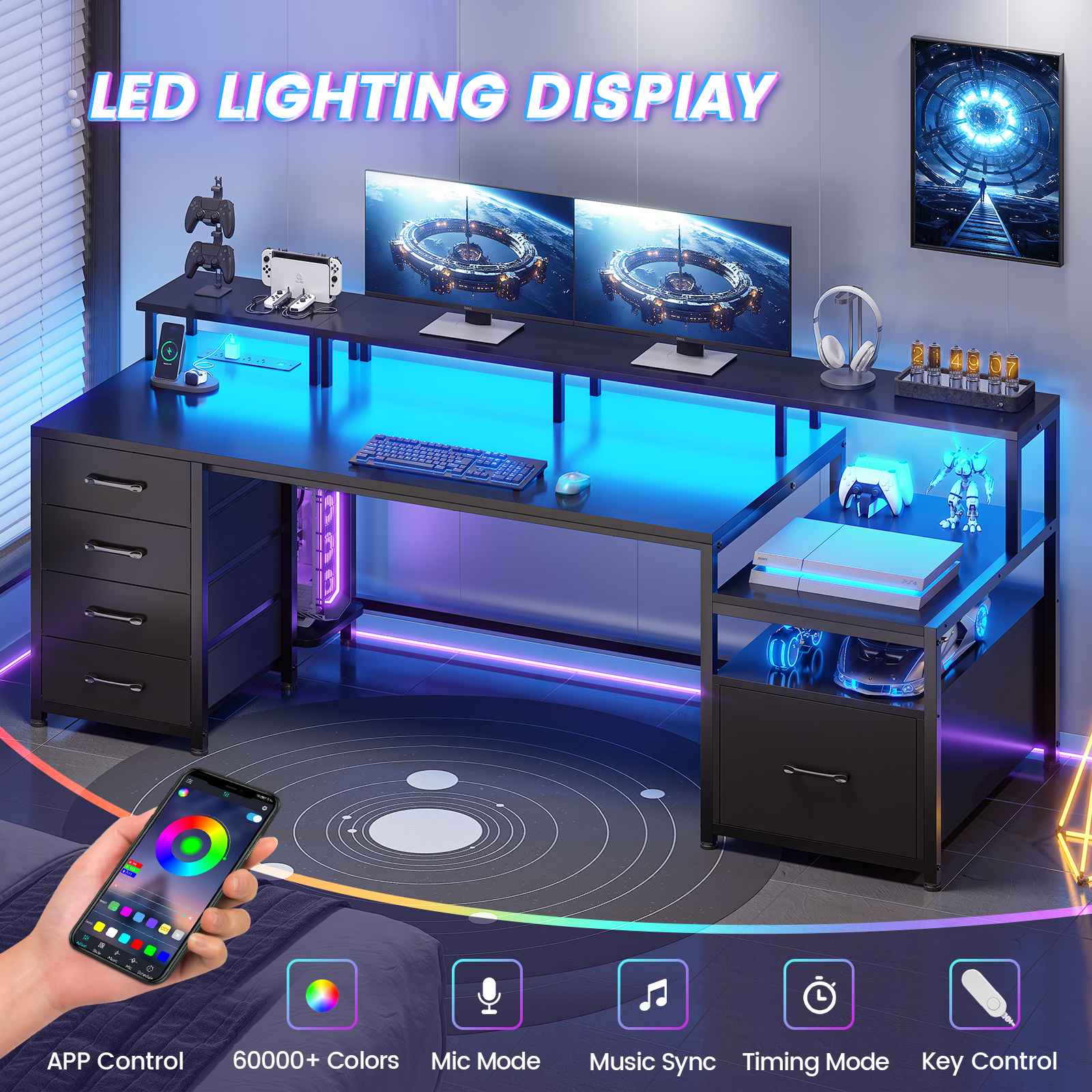 Sikaic Gaming Desk 75 Inches Led Gaming Desk Black Black / Engineered Wood / Modern