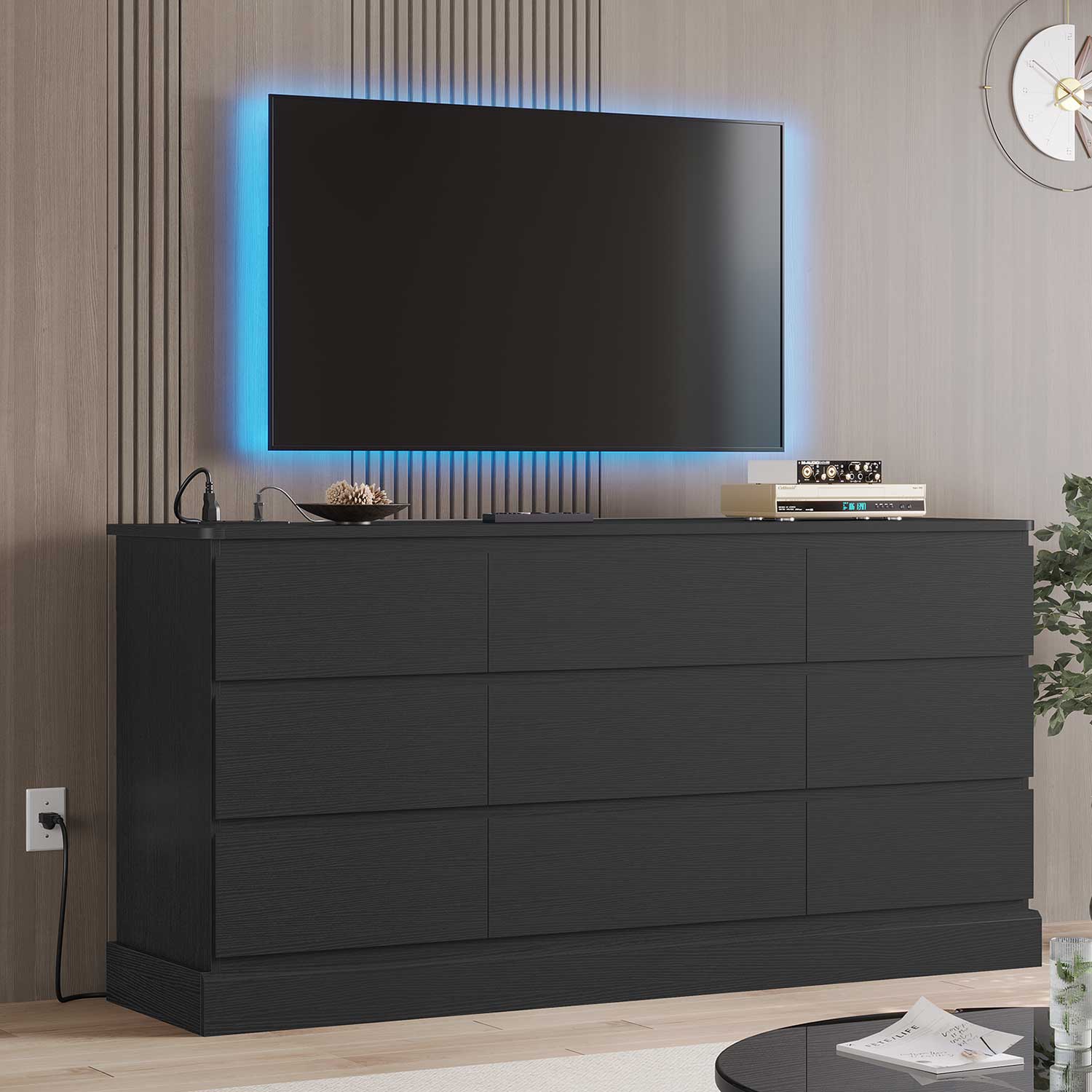 Sikaic Dresser 61.4" Wide Dresser Chest of Drawers with Large Capacity Storage and Power Outlets Black Black / Engineered Wood / Modern