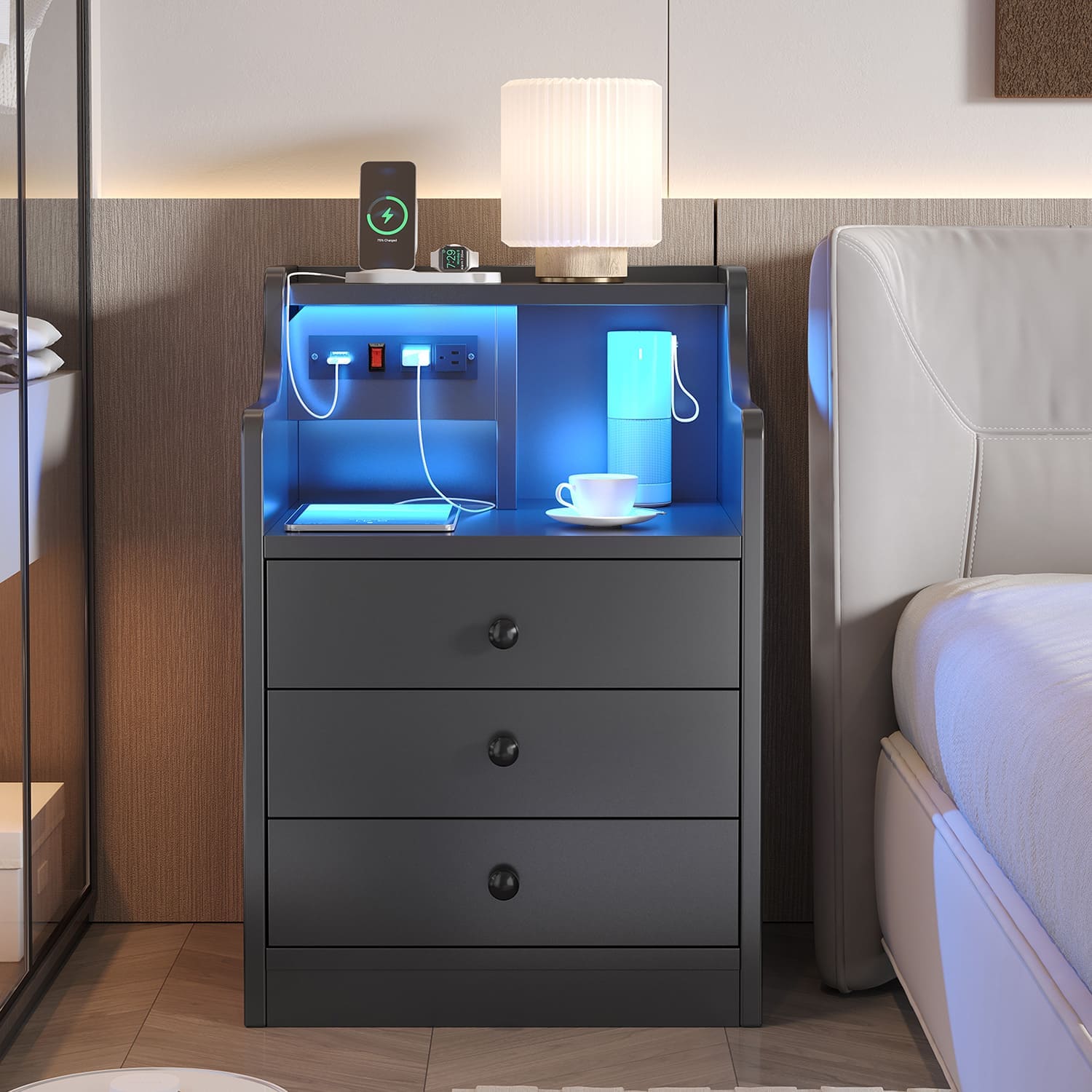 Sikaic Nightstand LED Nightstand with Hutch Drawers Charging Station Black
