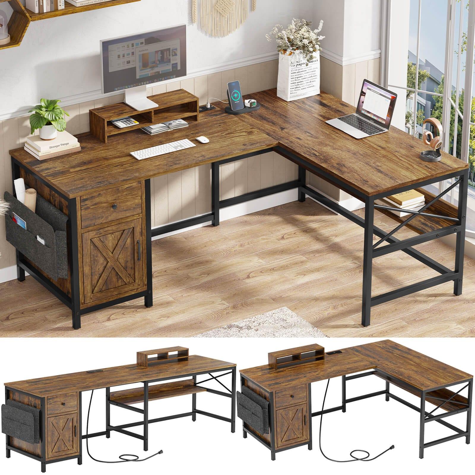Sikaic 63" L Shaped Convertible Computer Office Desk with Drawer Power Strip Storage Cabinet Rustic Brown