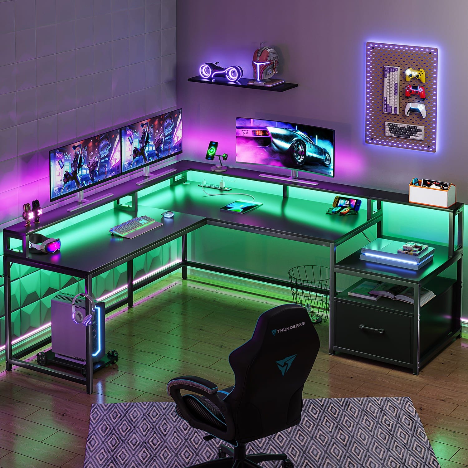 Sikaic 66" L Shaped Corner Two Person Gaming Desk with File Drawer Power Outlet Led Lights Monitor Shelf Black