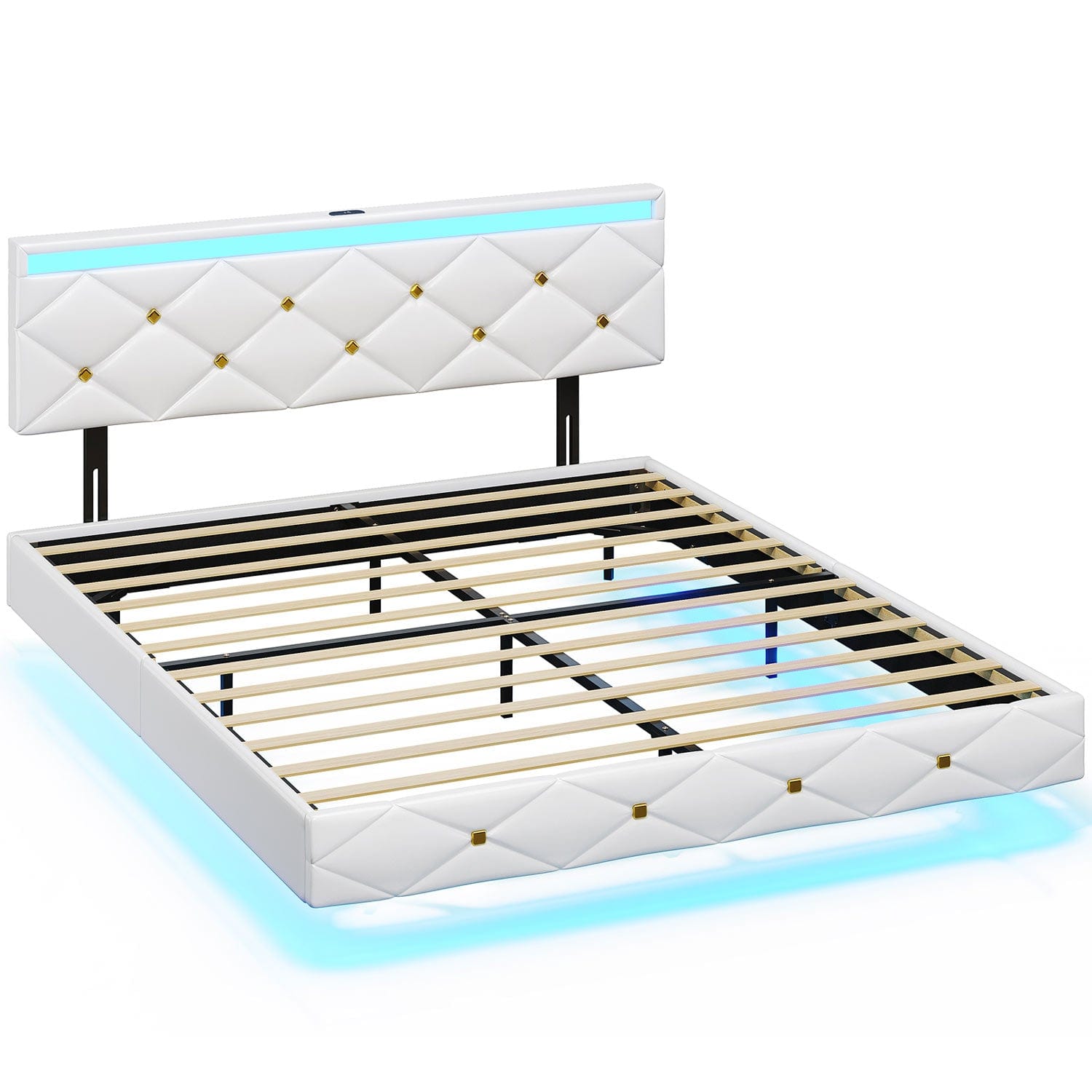Sikaic Bed Frame Floating LED Bed Frame with Outlets Leather Upholstered Headboard White