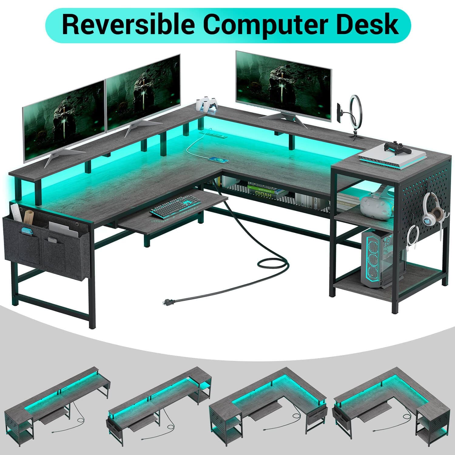 Sikaic 96" L Shaped Reversible LED Gaming Desk with Power Outlets LED Strip Monitor Shelf Keyboard Tray Pegboard and Storage Shelves Grey