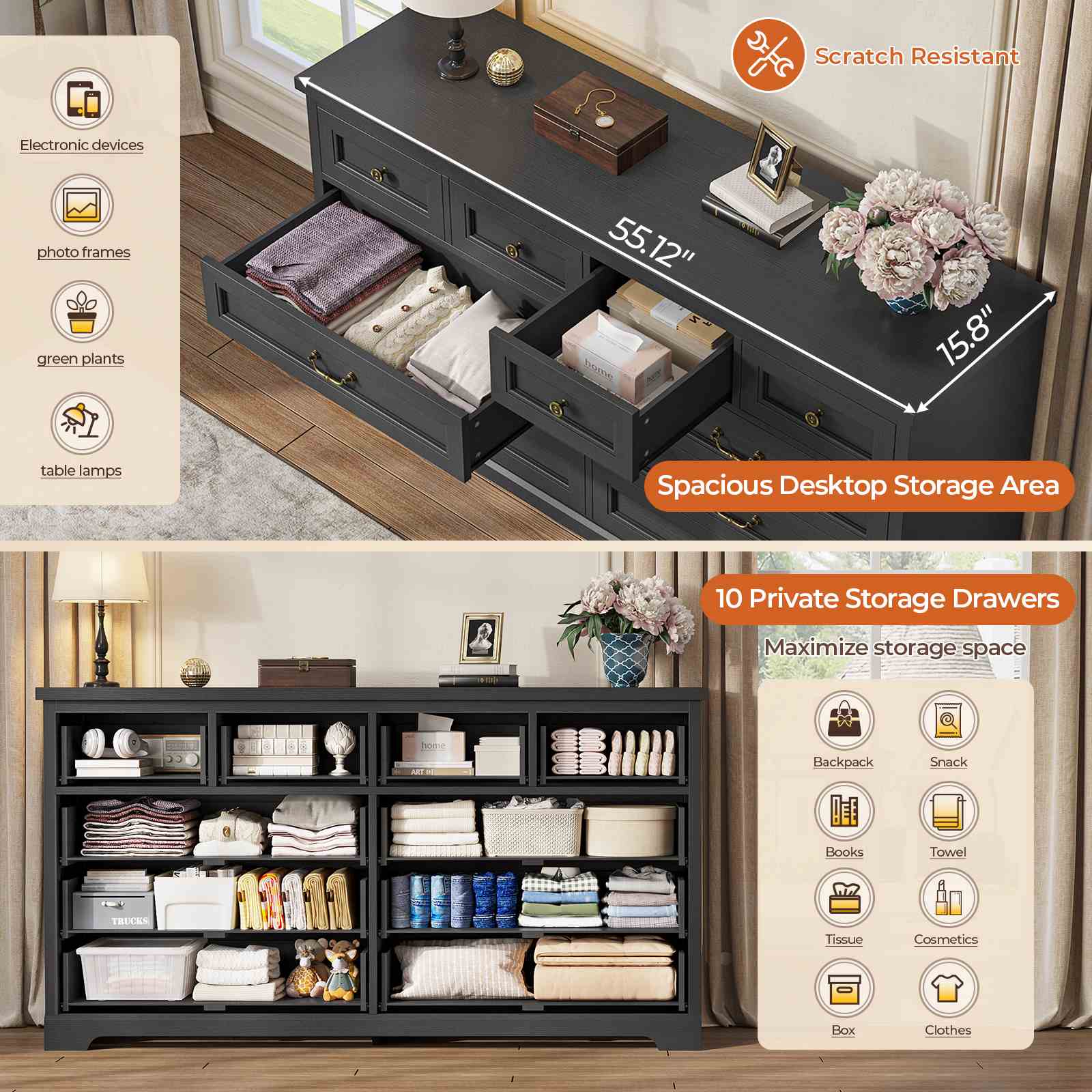 Sikaic Dresser 55 Inches 10 Drawers Dresser with Natural Texture and Vintage Handles Black Black / Engineered Wood / Modern