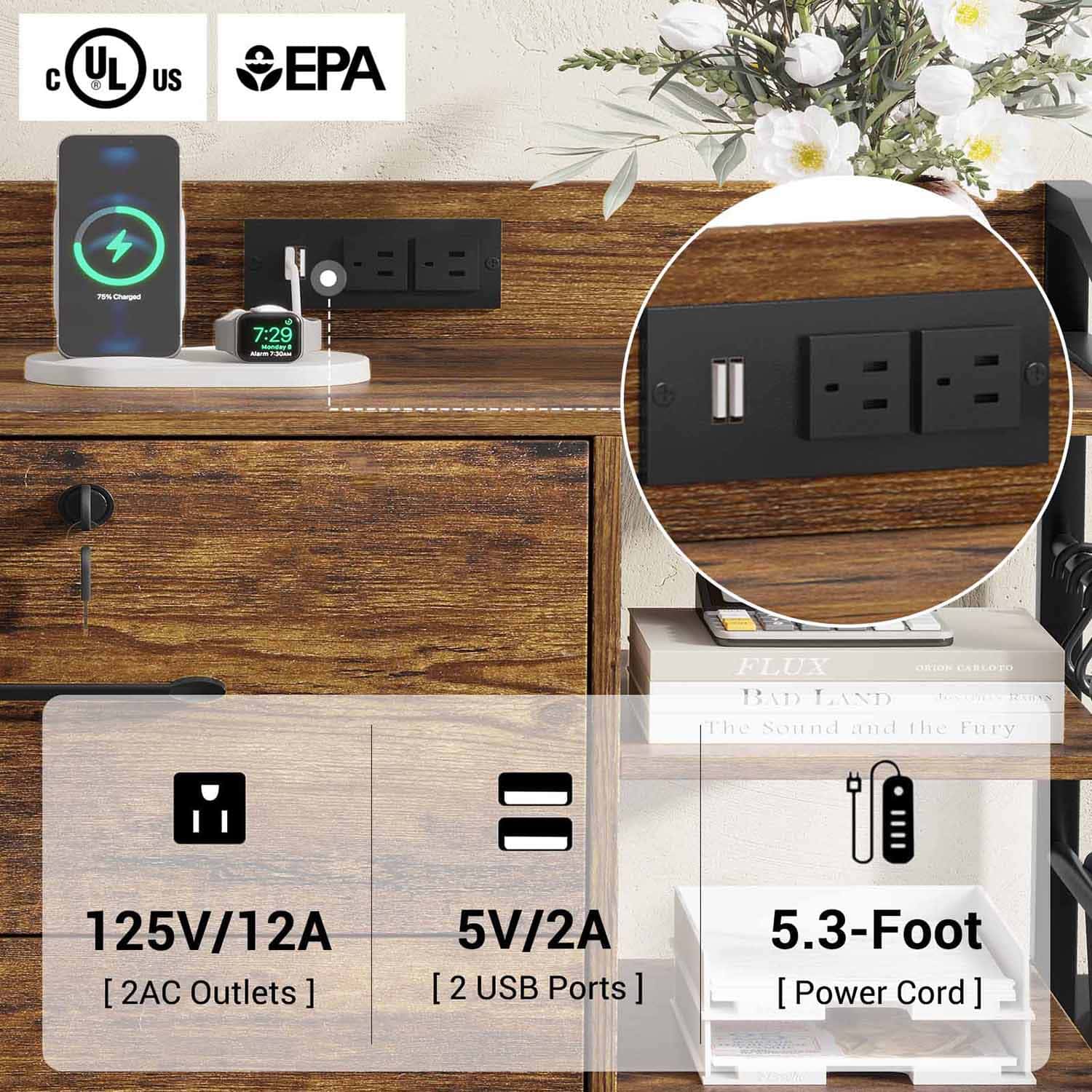 Sikaic File Cabinet 44 Inches File Cabinet with 2 Drawer Lock Power Strip Rustic Brown