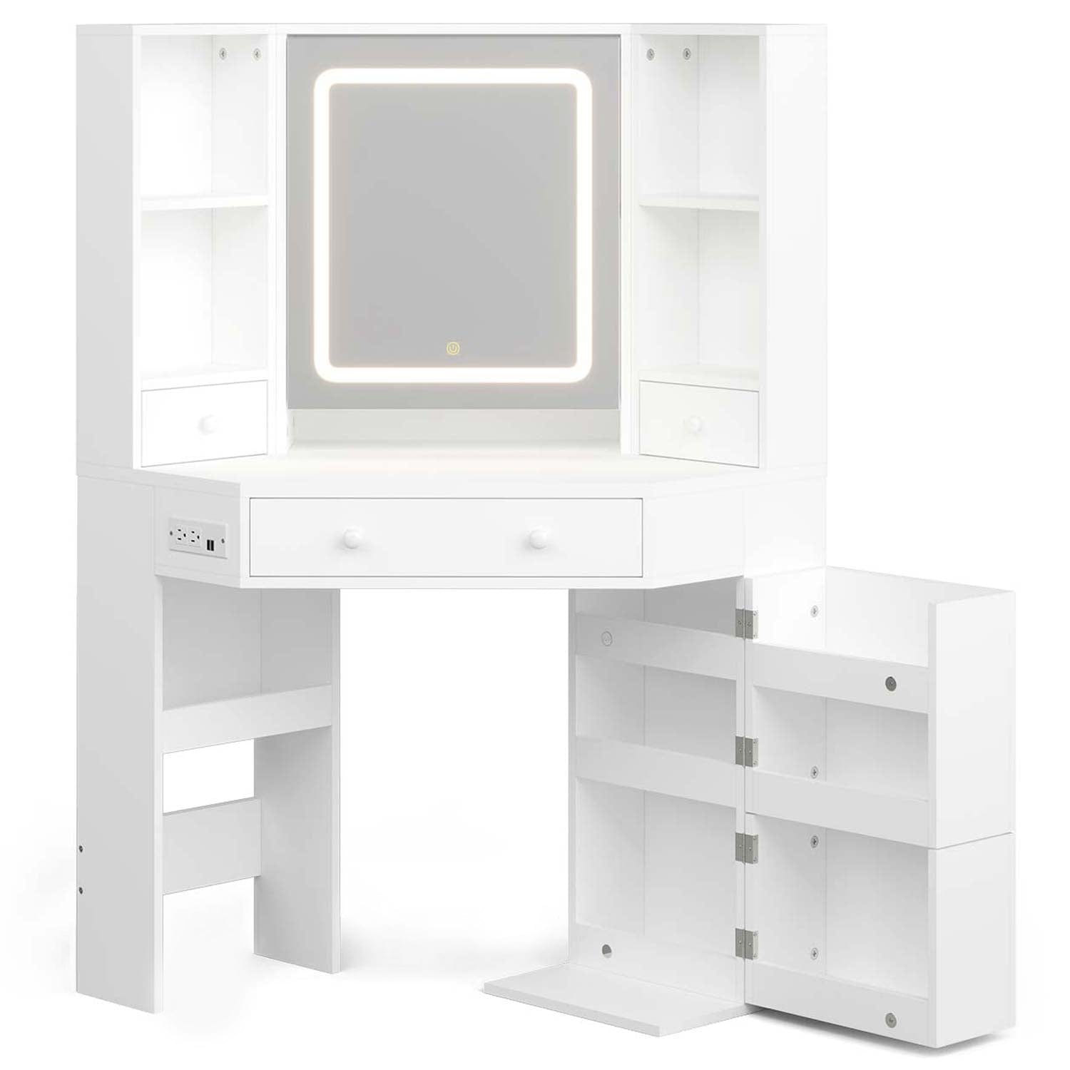 Sikaic Makeup Vanity Corner LED Makeup Vanity with Mirror White White / Engineered Wood / Modern