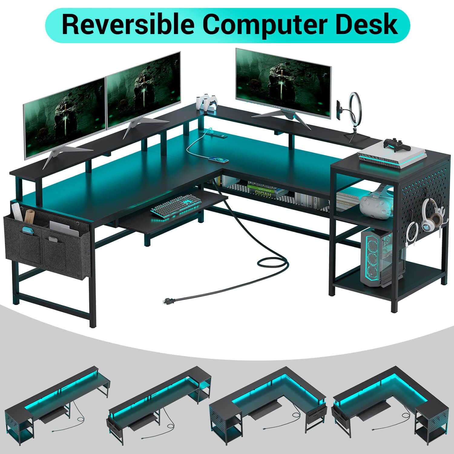 Sikaic L Shaped Reversible LED Gaming Desk with Power Outlets Strip Monitor Shelf Keyboard Tray Pegboard and Storage Shelves Black