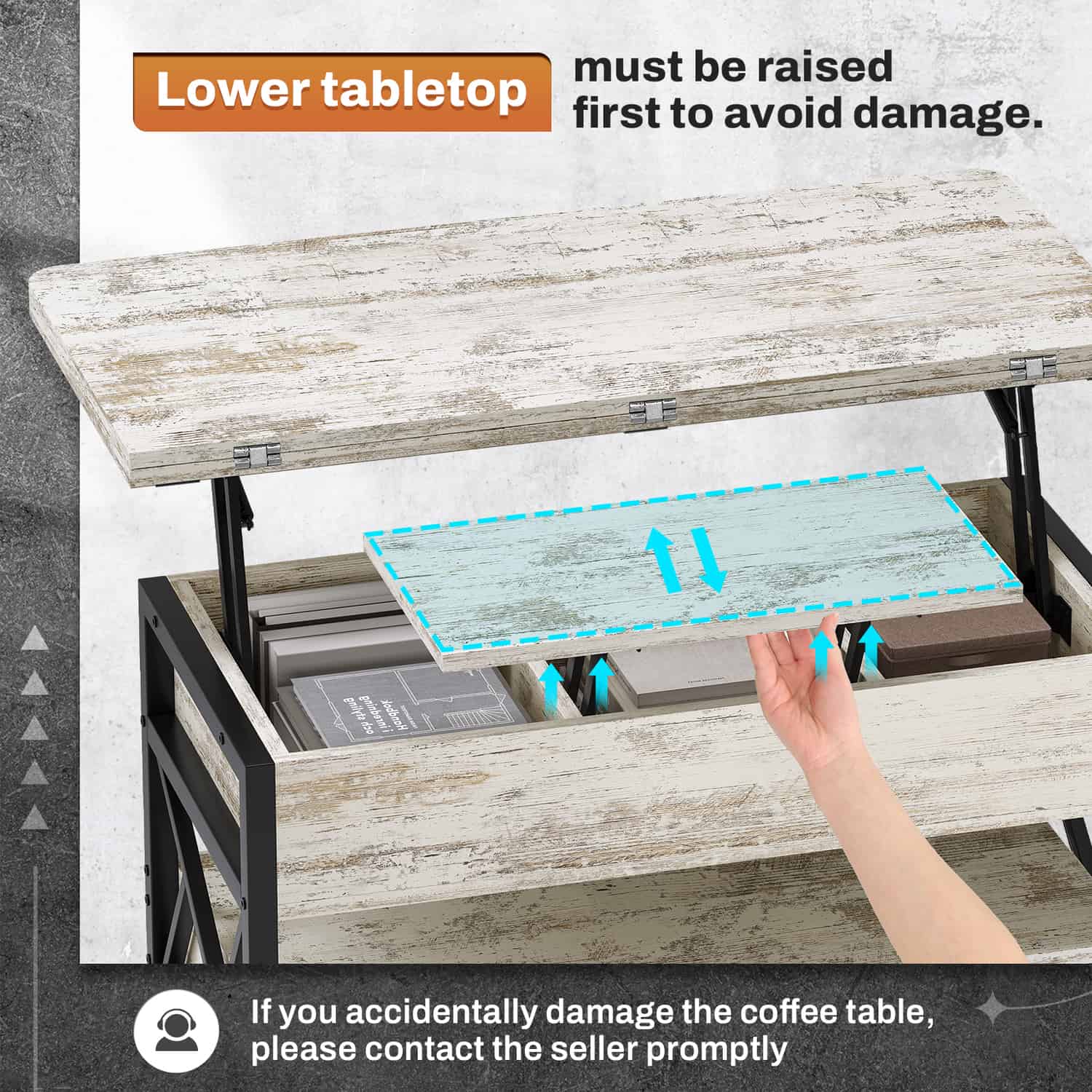 Sikaic Coffee Table 40" Inches Lift Top 4 in 1 LED Coffee Table with 2 Drawers Storage White