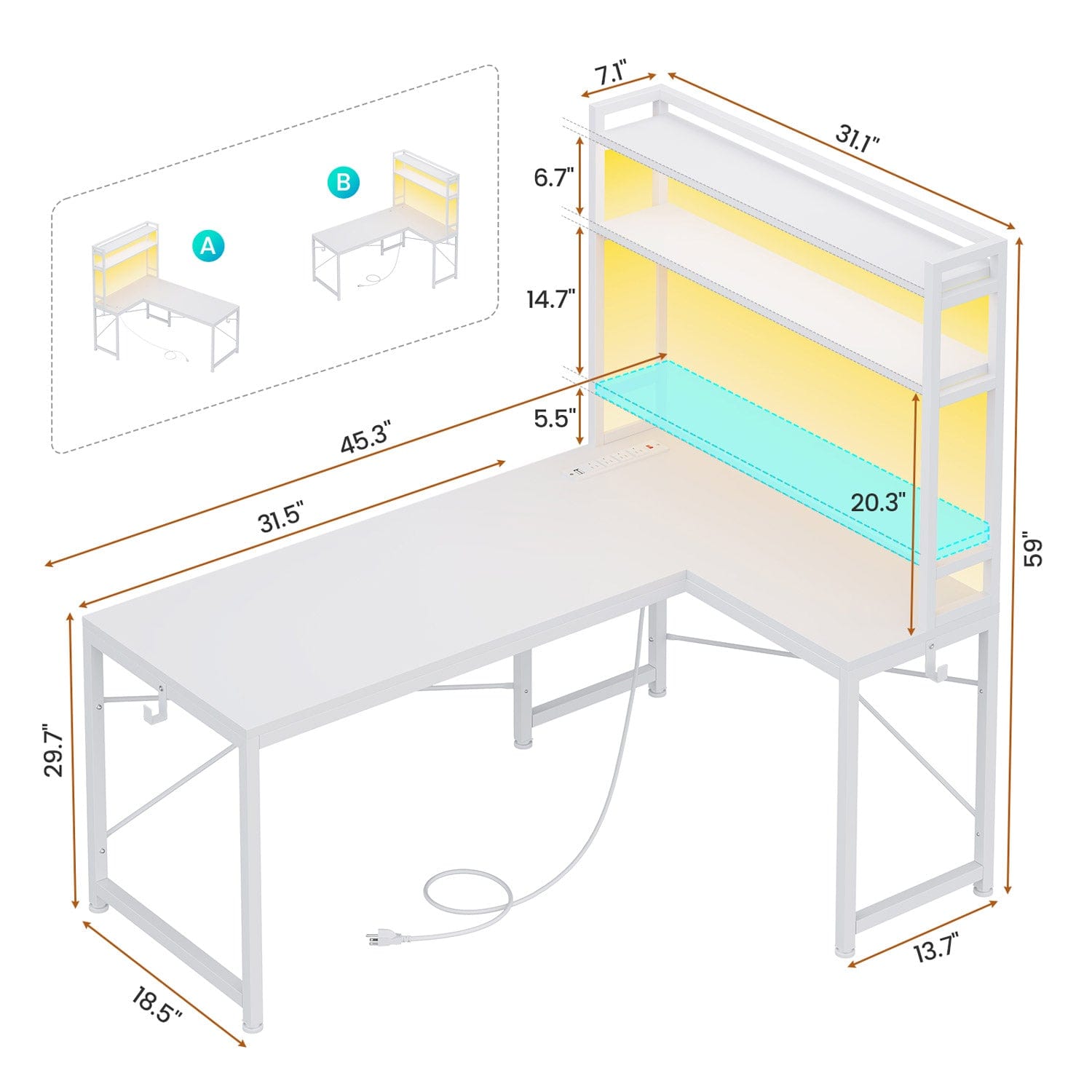 Sikaic Gaming Desk 45.3 inches LED Reversible L Shaped Gaming Desk with Hutch Power Outlet Storage Shelves  and Hooks White