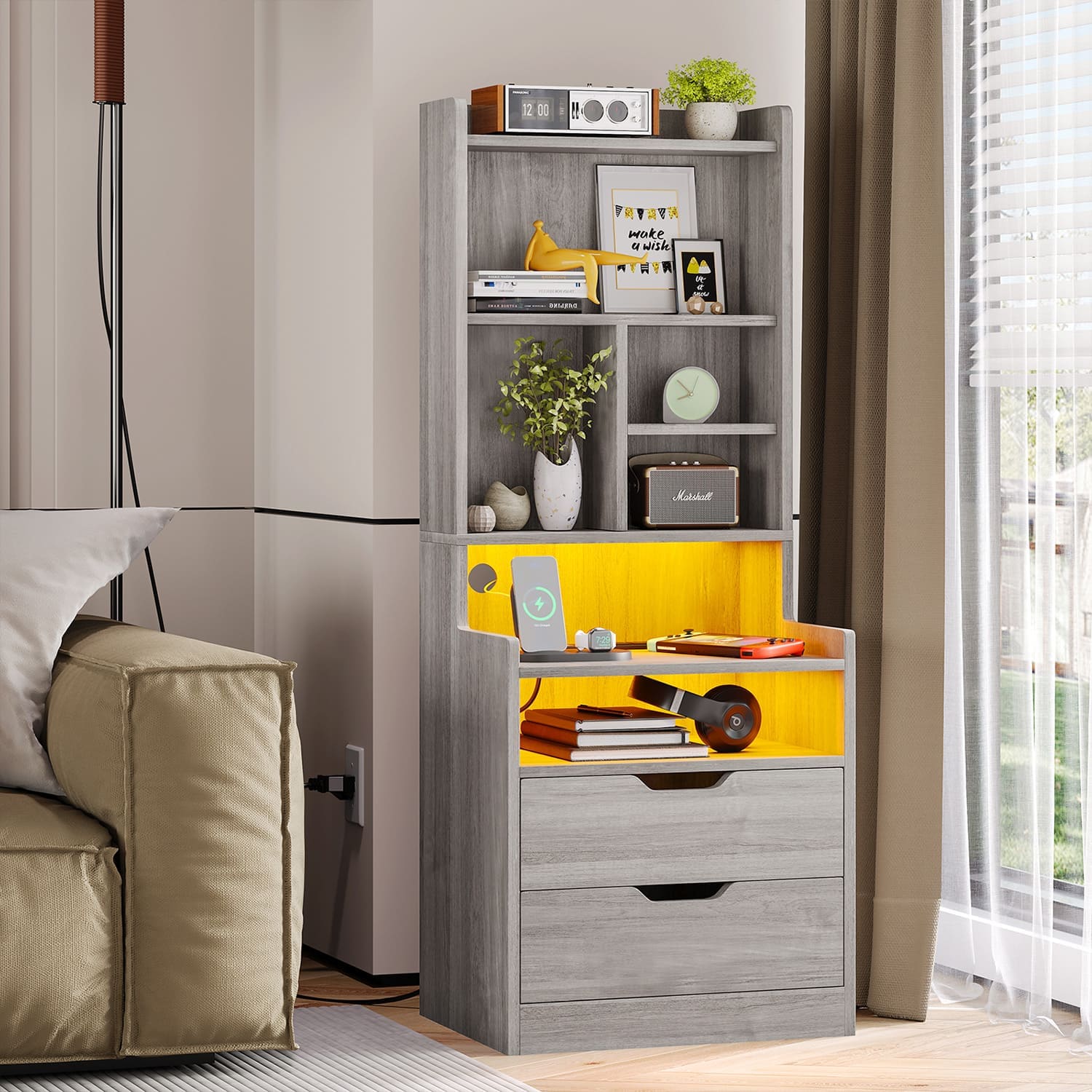 Sikaic Nightstand LED Nightstand with Bookshelf Charging Station Grey