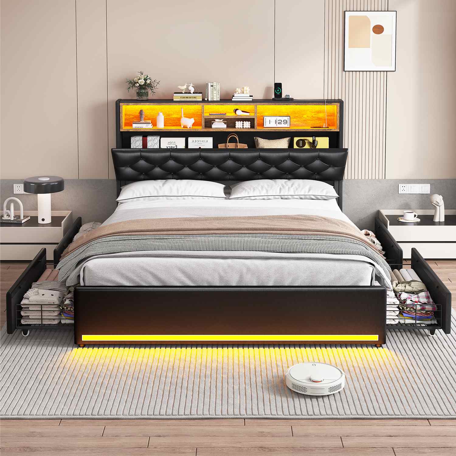 Sikaic Bed Frame Upholstered Platform Bed Frame with LED Lights & Charging Station Hidden Storage Headboard and 4 Drawers PU Black