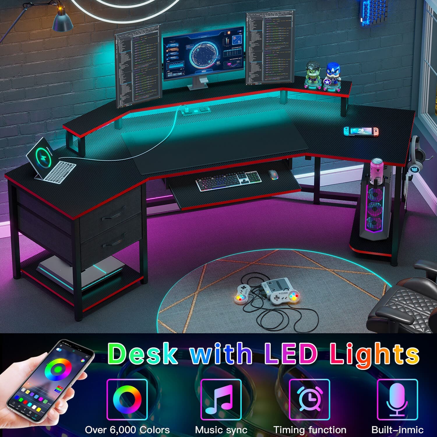 Sikaic 79" L Shaped LED Gaming Desk with 2 Fabric Drawers Storage Shelf Black&Red