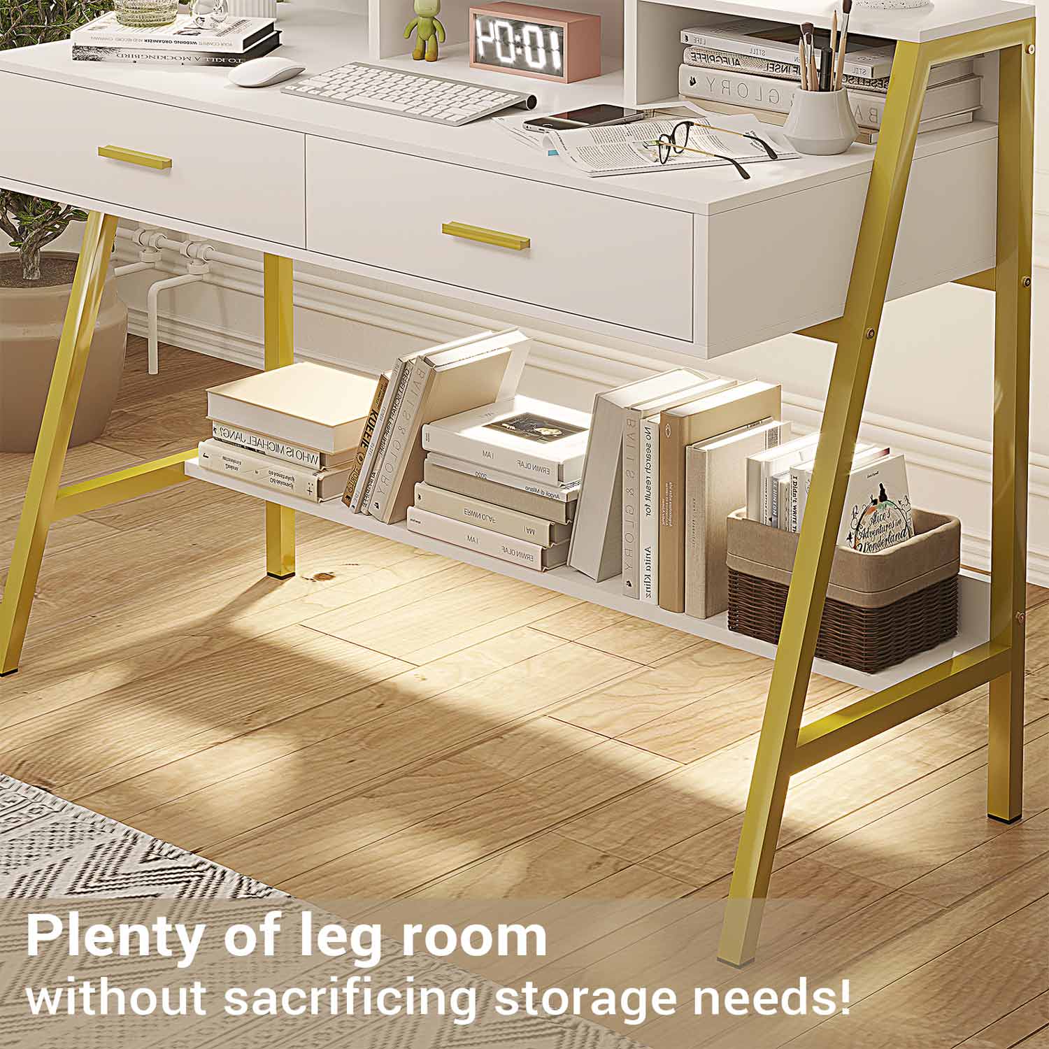 Sikaic Writing Desk Computer Desk with Drawers Monitor Stand Built-in Hutch White Gold