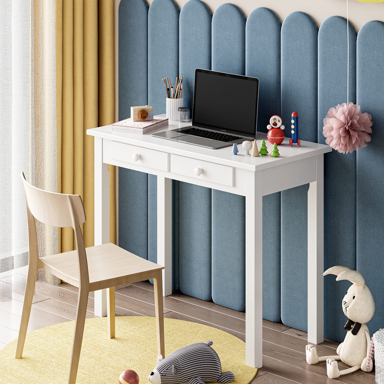 Sikaic Small White Writing Desk Makeup Dressing Table with Hutch and USB Ports