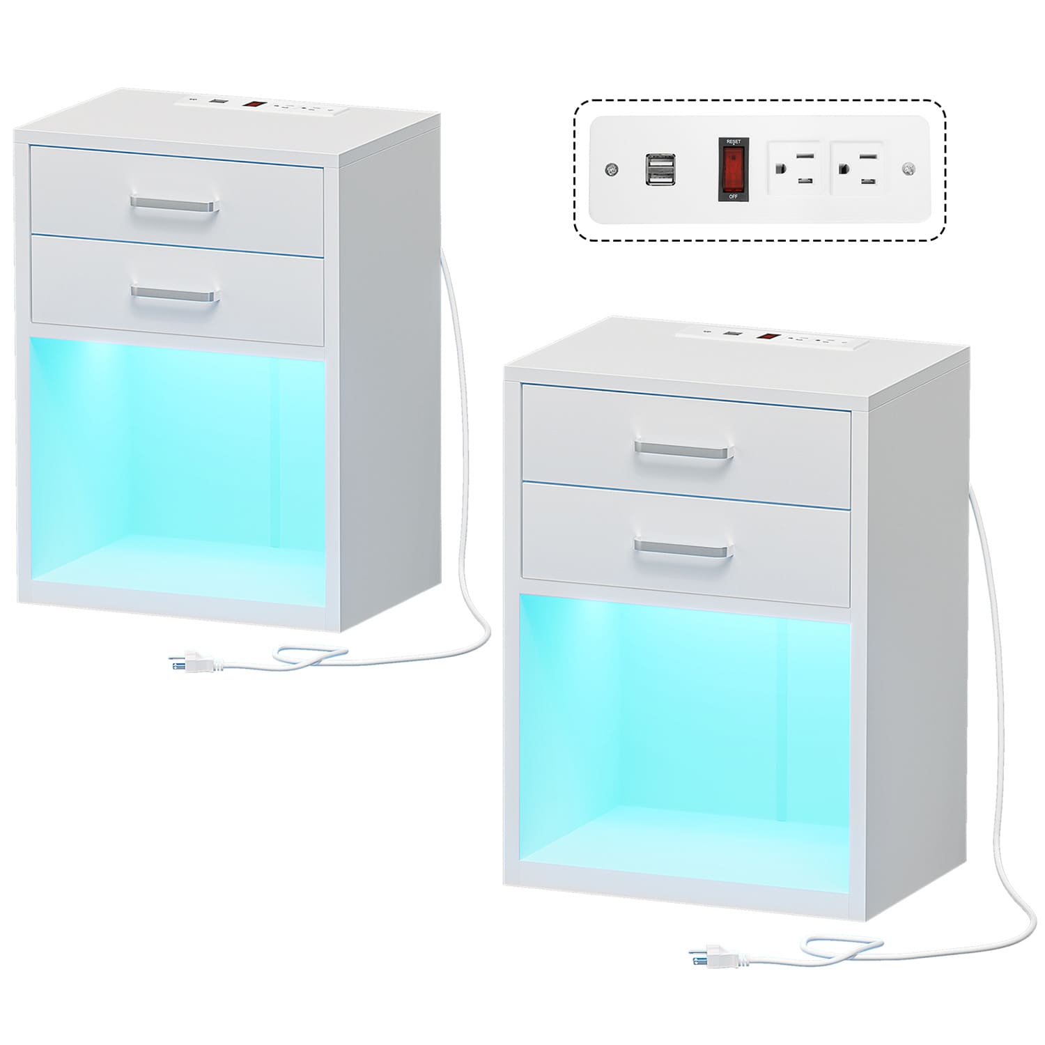 Sikaic Nightstand 2Pcs LED Nightstands with Charging Station Power Outlets & Drawers White