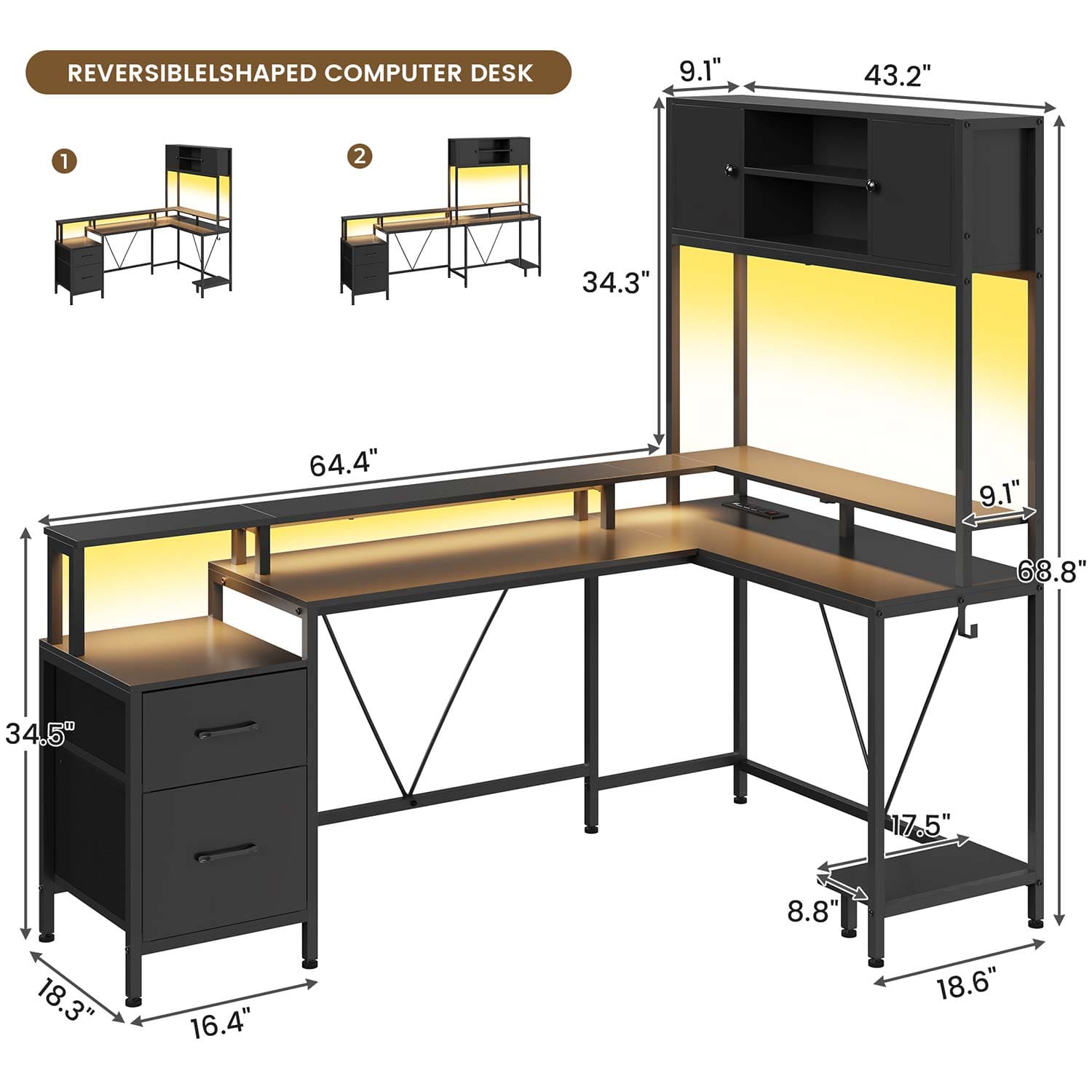 Sikaic Gaming Desk Reversible L-Shaped Led Gaming Desk With Power Outlets and Monitor Stand & 2 Drawers Black Black / Engineered Wood / Modern