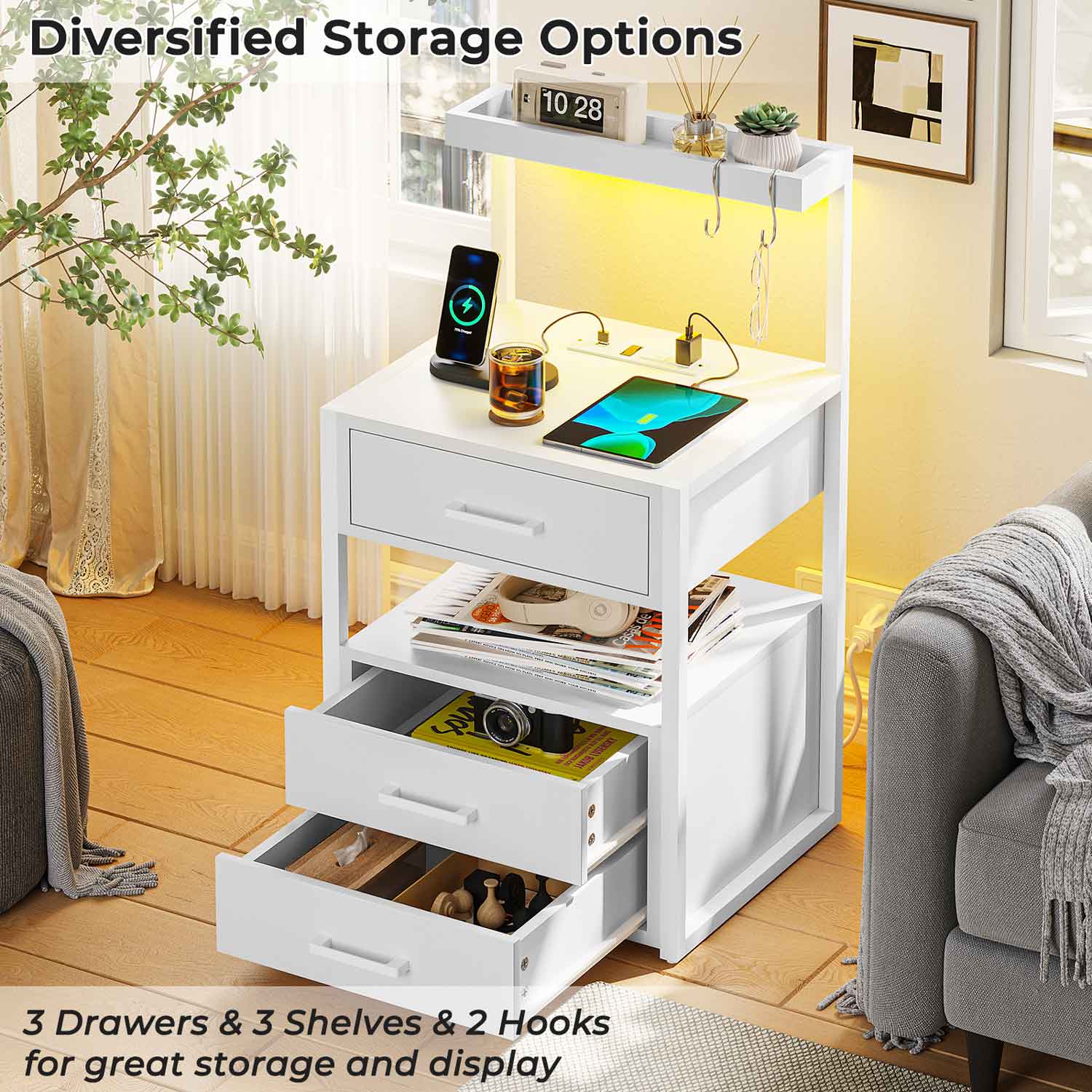 Sikaic Nightstand LED Nightstand with Charging Station 3 Drawers White