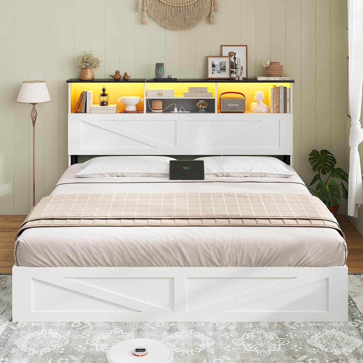 Sikaic Bed Frame Full Size Bed Frame with 4 Storage Drawers and Charging Station White White / Full / Engineered Wood