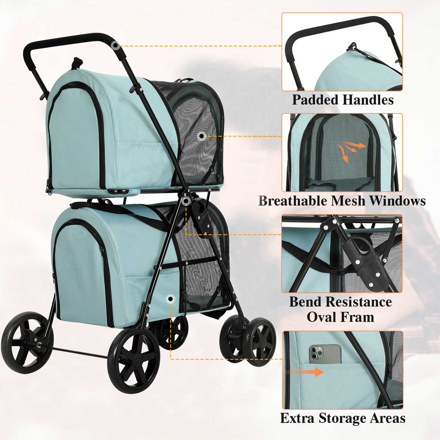 Sikaic Pet Stroller 4-in-1 Pet Strollers for Small Medium Pets 4 Lockable Wheels Light Blue
