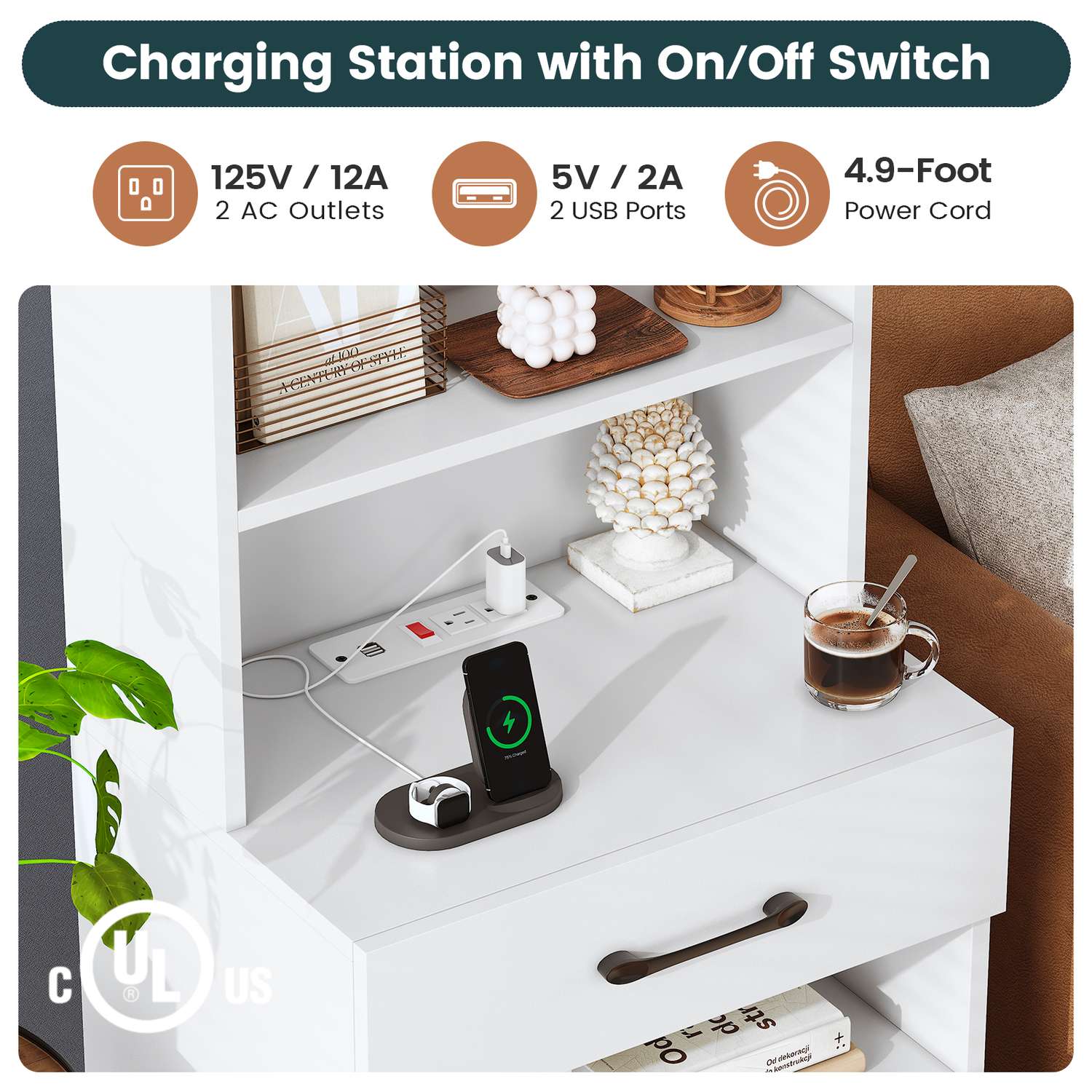 Sikaic Nightstand LED Tall Nightstand with Charging Station 3 Drawers And Bookshelf  White