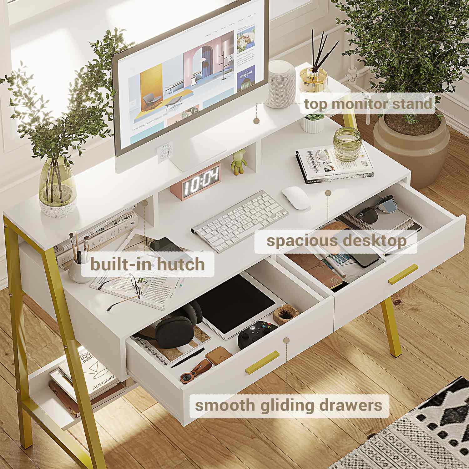 Sikaic Writing Desk Computer Desk with Drawers Monitor Stand Built-in Hutch White Gold