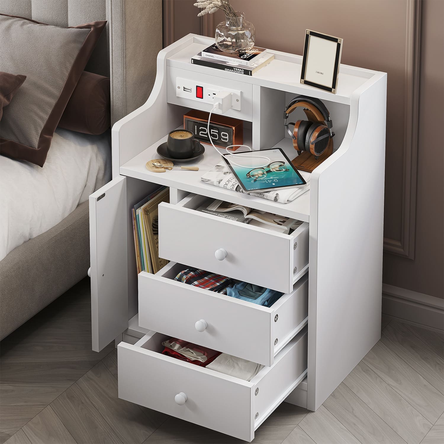 Sikaic Nightstand Nightstand with Charging Station Drawers White