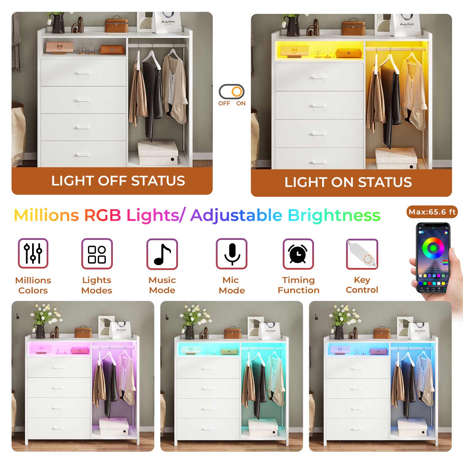 Sikaic Dresser 4 Drawers Long LED Lights Dresser with A Clothes Rack & Anti-Toppling Measures White