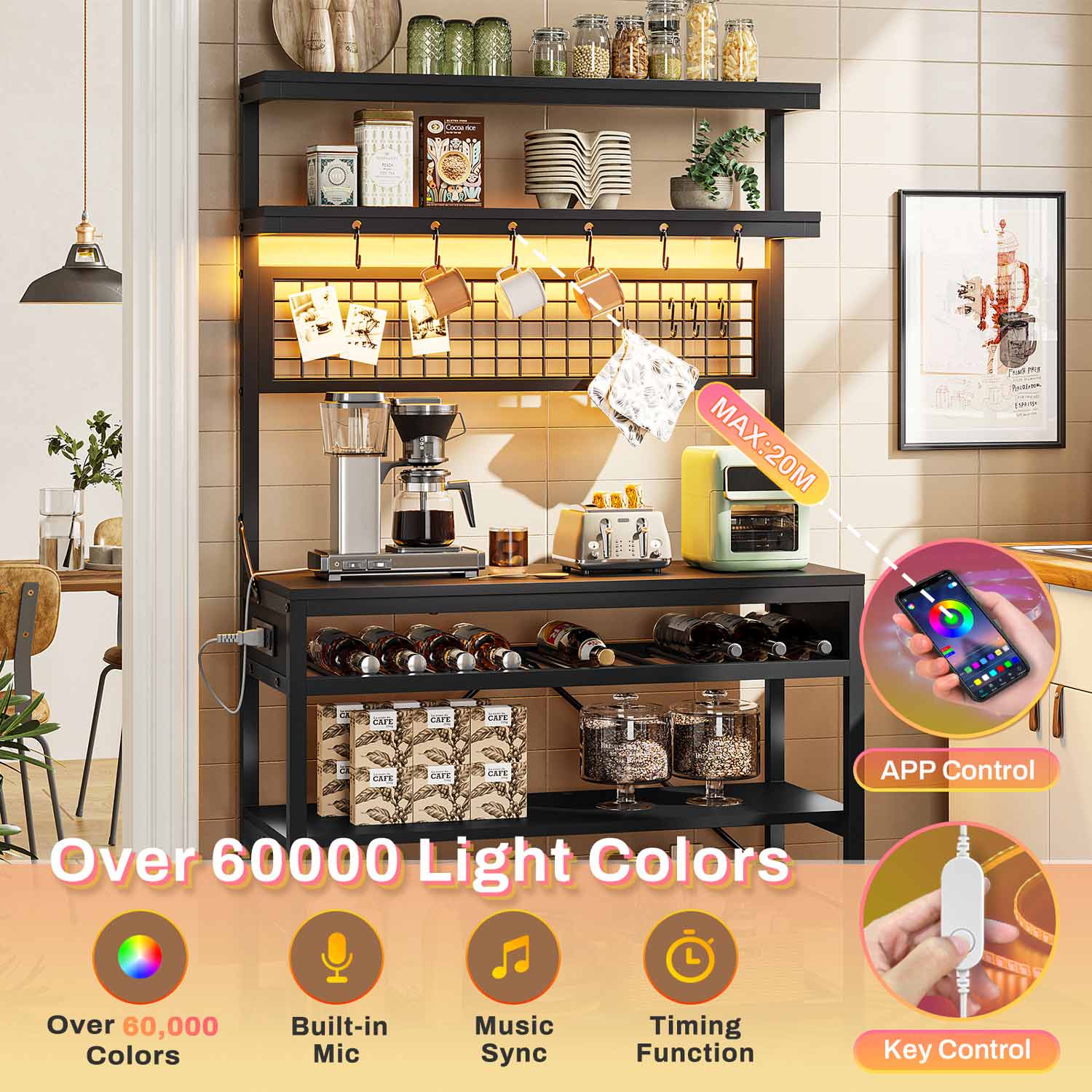 Sikaic Bakers Rack LED Bakers Rack with Power Outlet Storage Black