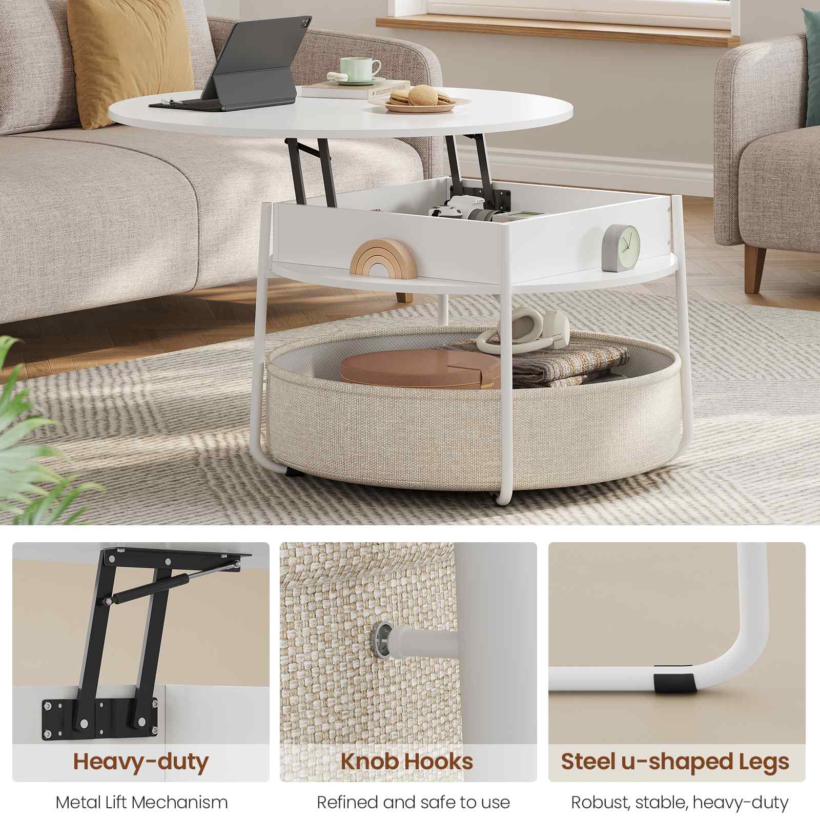 Sikaic Coffee Table Lift Top Round Coffee Table with Fabric Basket White White / Engineered Wood / Modern