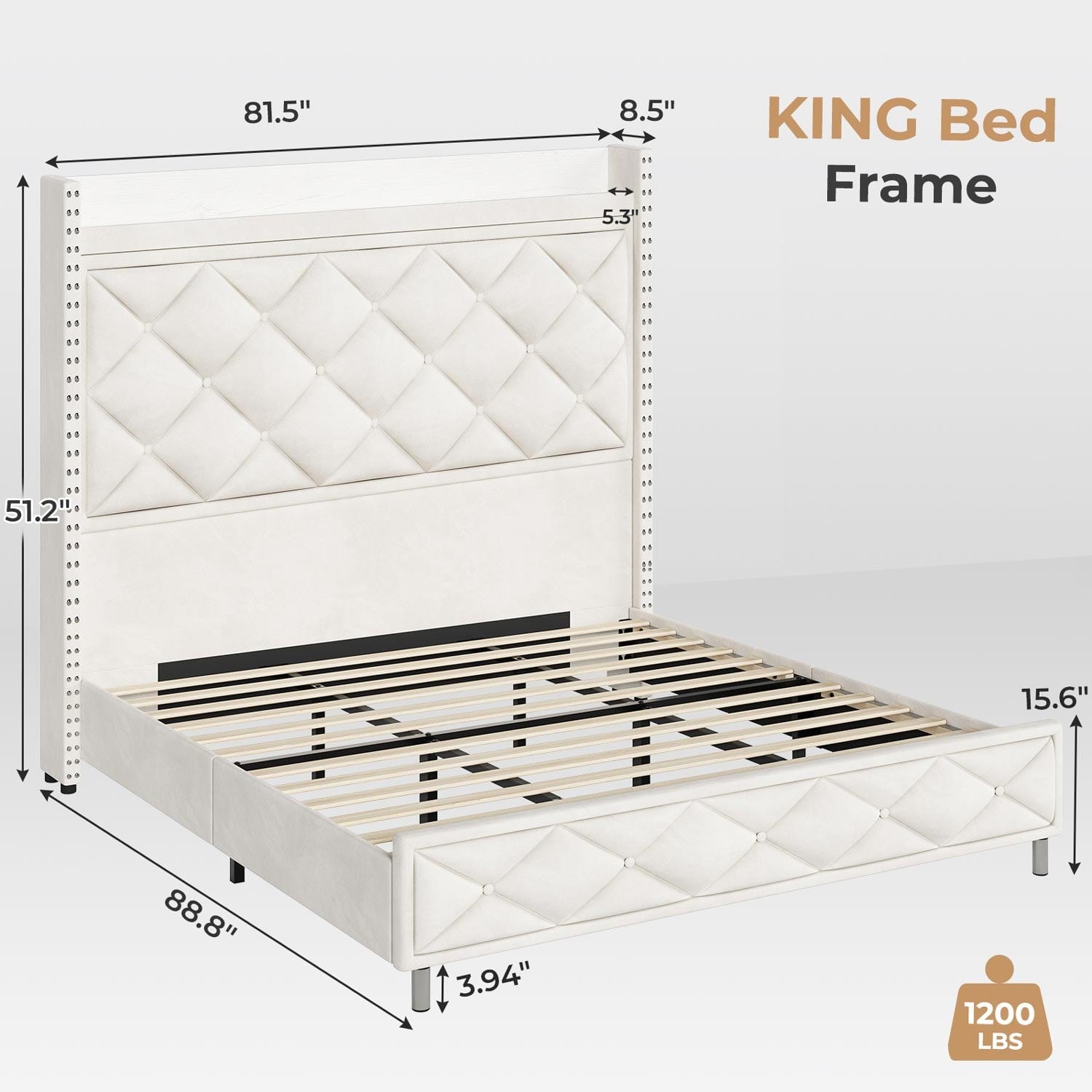 Sikaic Bed Frame King Size Led Bed Frame with Tall Headboard and Charging Station Beige