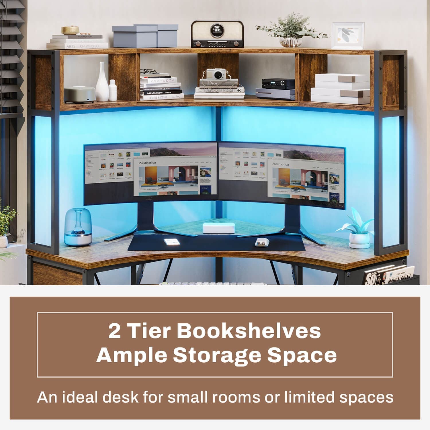 Sikaic Computer Desk Triangle Corner Small LED Computer Desk with Hutch Keyboard Tray Storage Bag and Headphone Hook Brown