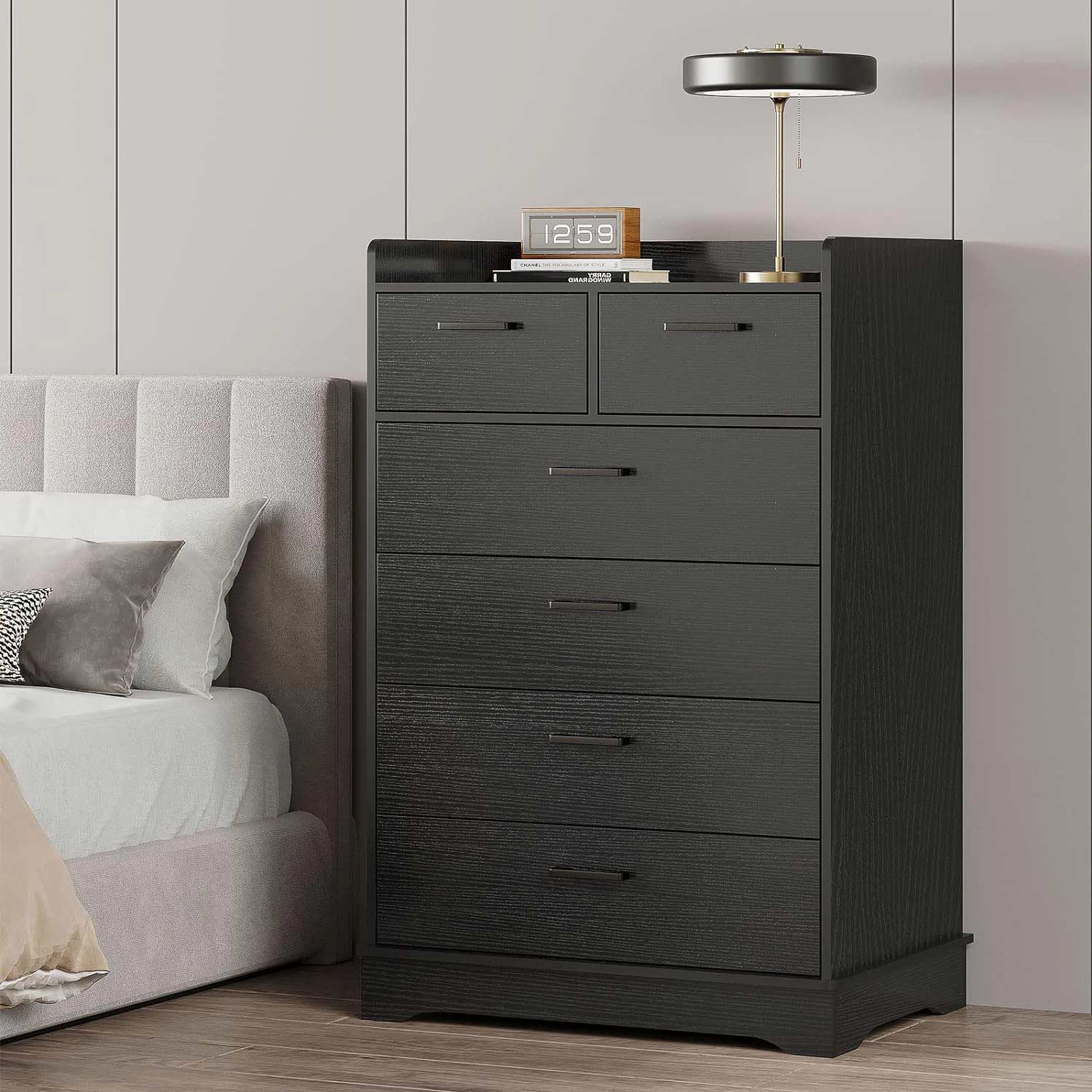 Sikaic Dressers 6 Drawers Dresser Wooden Vertical Large Capacity Storage Chest Black