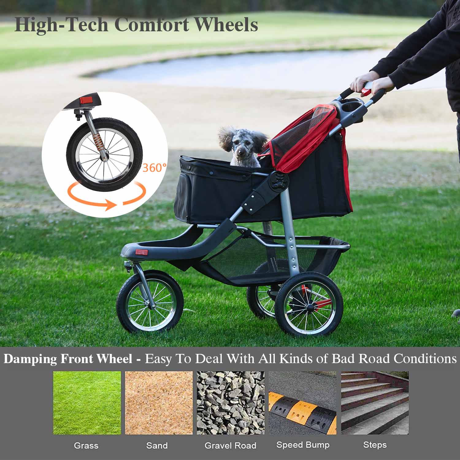 Sikaic Pet Stroller Pet Stroller For Small Medium Dogs & Cats 3-Wheel Foldable System Black Red