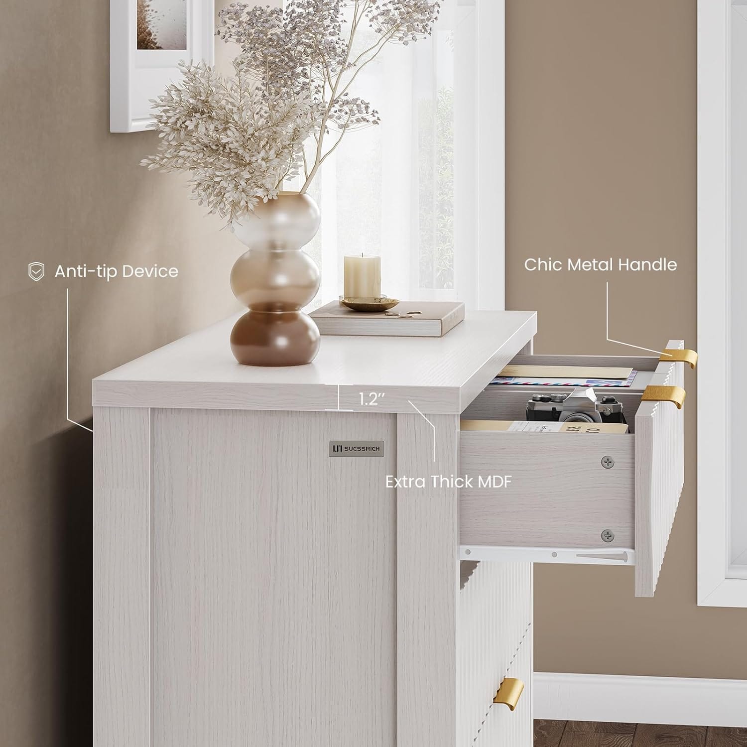 Sikaic Dresser Fluted Tall Dresser with 6 Drawers White White / Engineered Wood / Modern