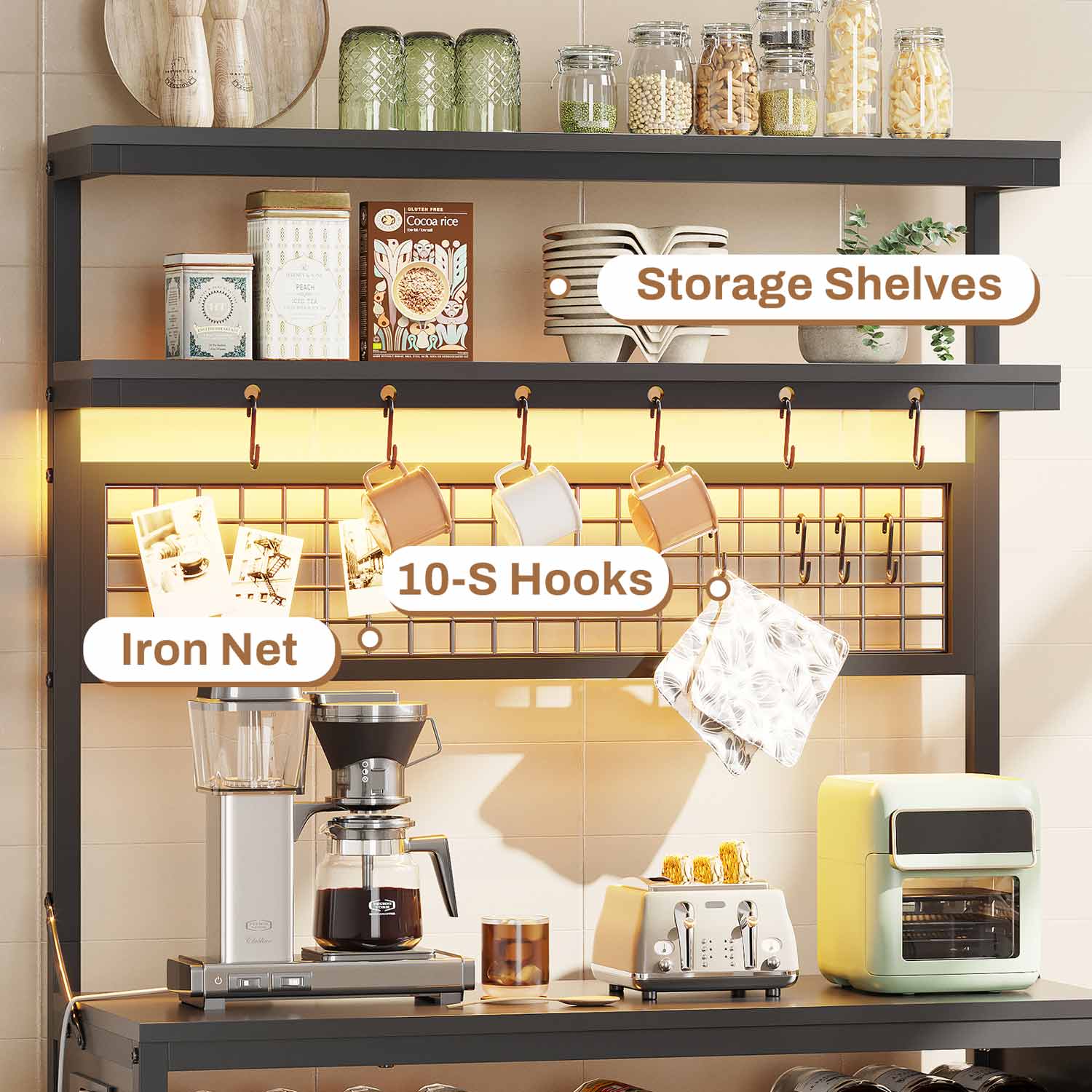 Sikaic Bakers Rack LED Bakers Rack with Power Outlet Storage Black