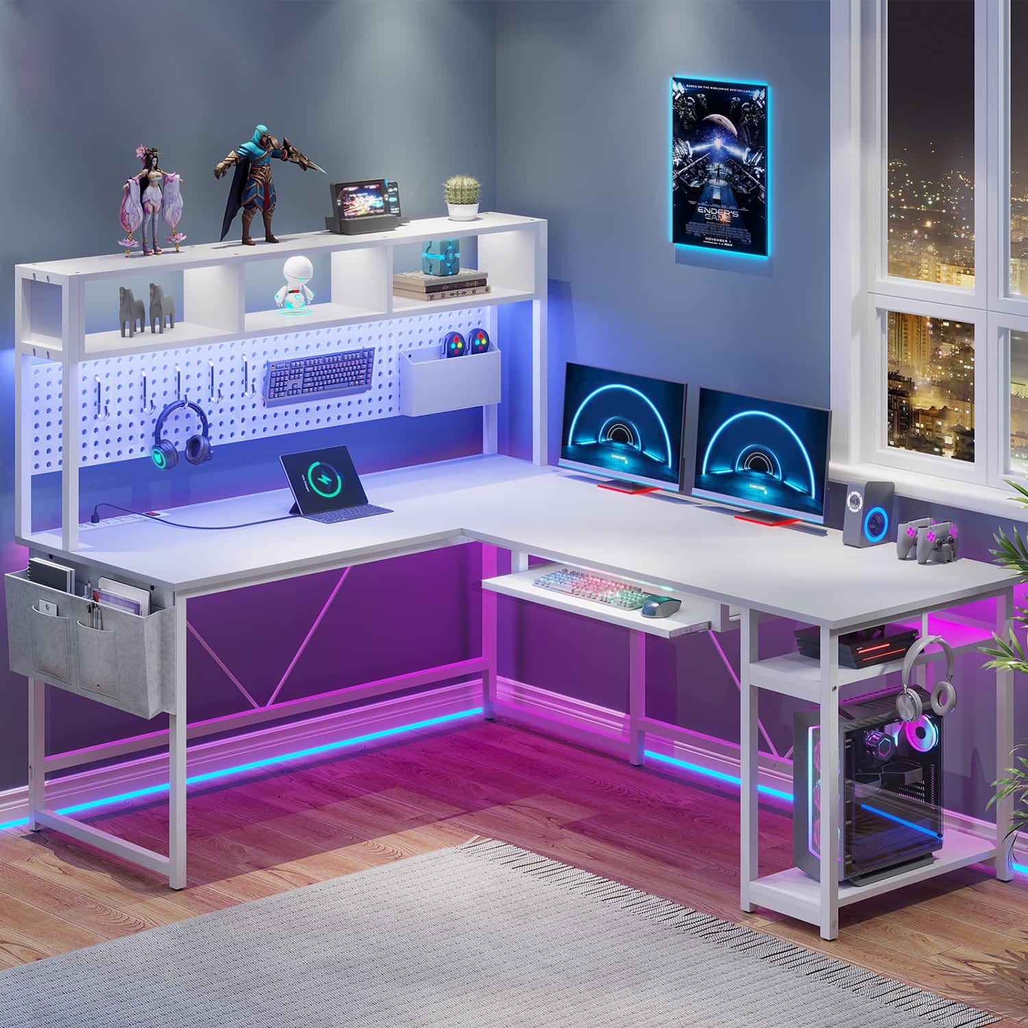 Sikaic L Shaped Reversible Gaming Desk With Power Outlets Keyboard Tray White