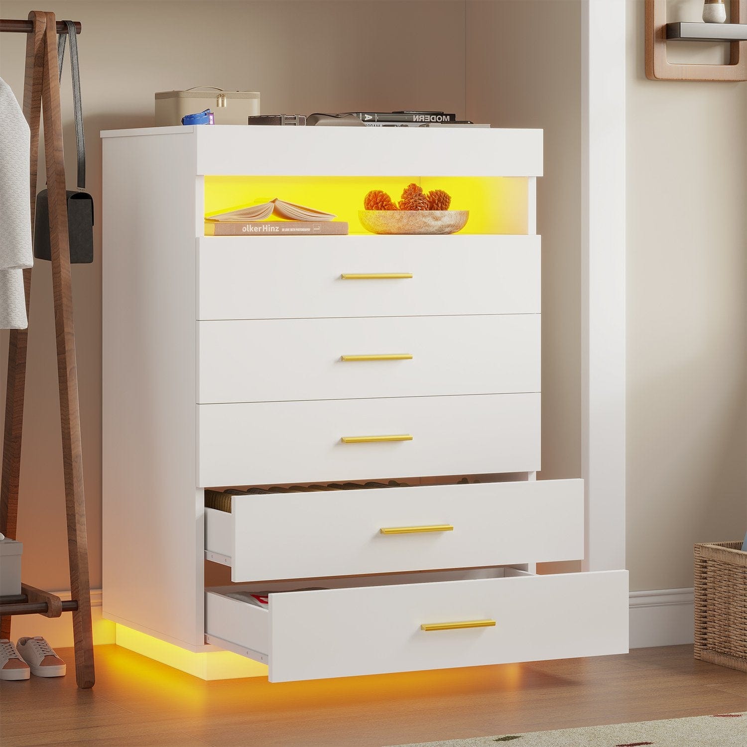 Sikaic Dresser Modern Floating White Dresser Chest of 5 Drawers with Pull-Out Shelf and Open Storage & LED Lights