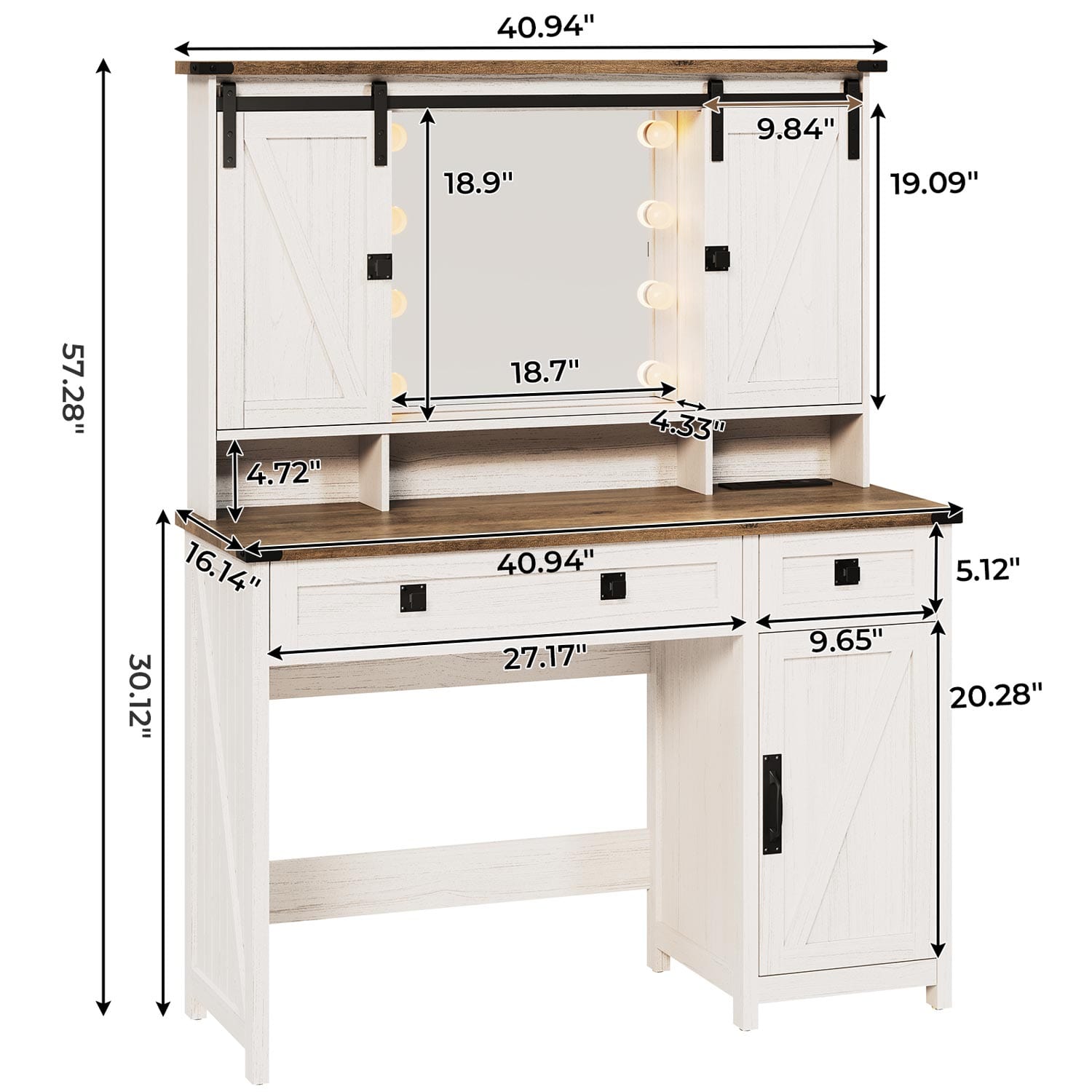 Sikaic Makeup Vanity Sliding Mirror Makeup Vanity with Lights & Barn Doors Charging Station Jewelry Hooks and Open Storage Shelves White