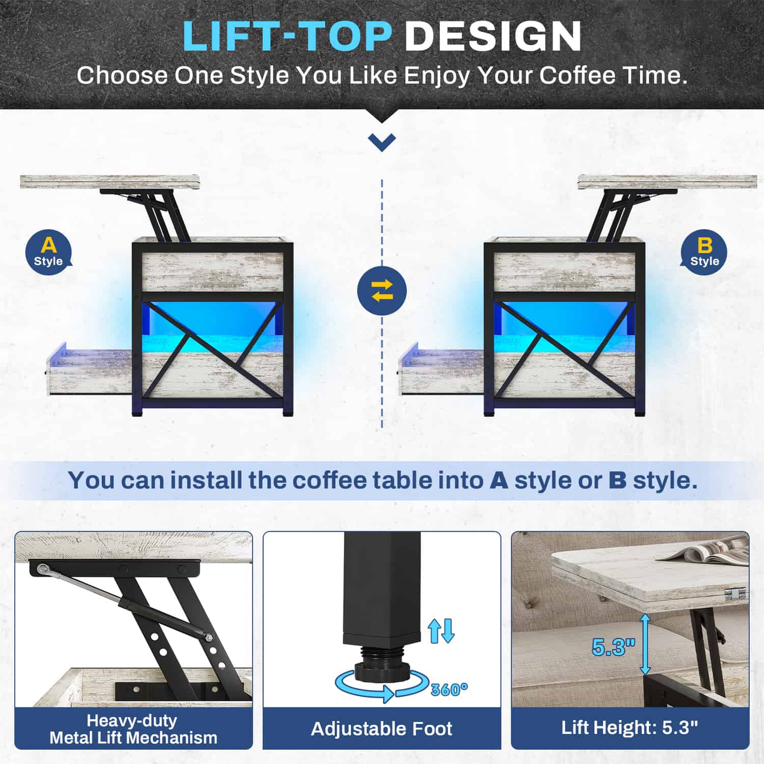 Sikaic Coffee Table 40" Inches Lift Top 4 in 1 LED Coffee Table with 2 Drawers Storage White