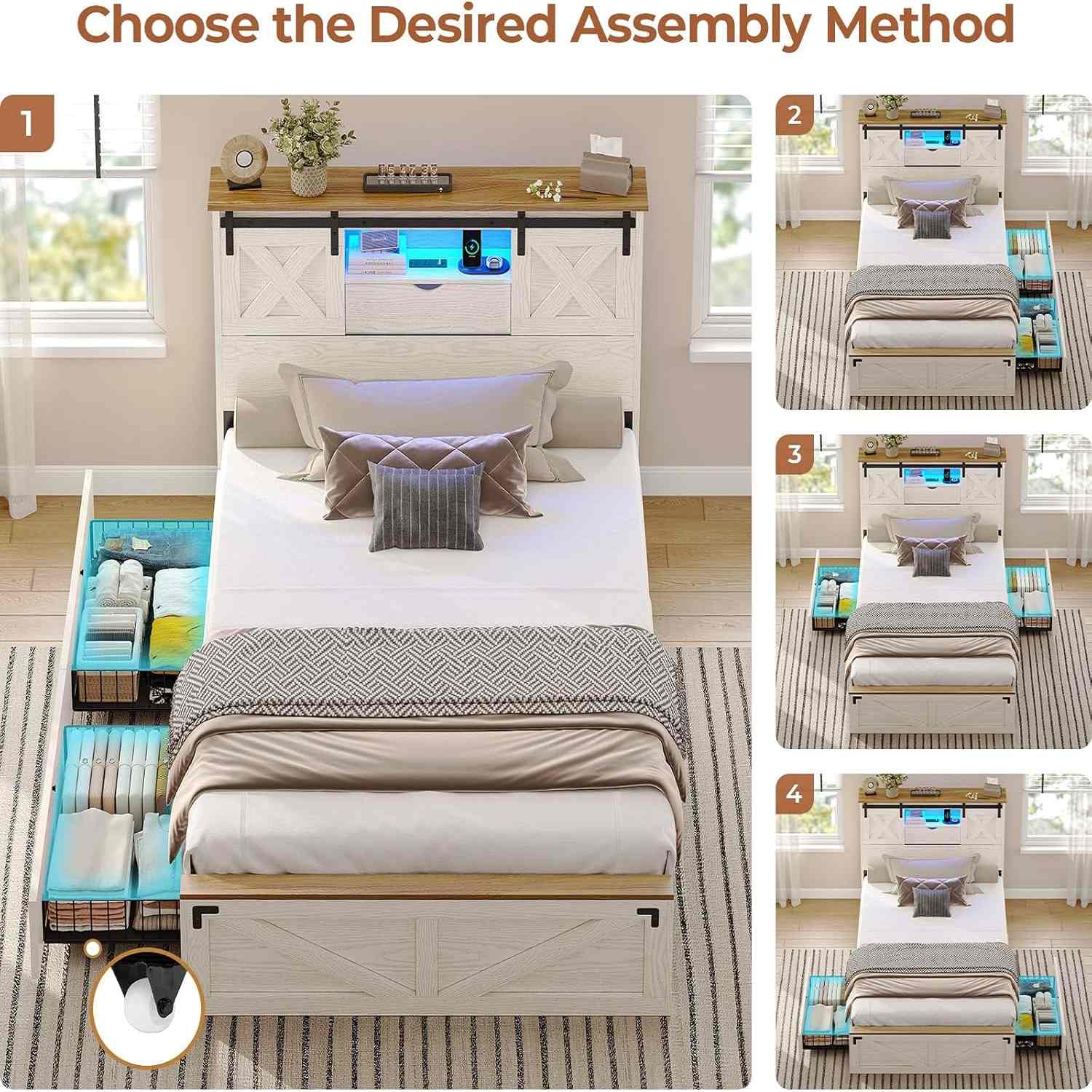 Sikaic Bed Twin Size Bed Frame with 2 Storage Drawers and LED Lights White White / Twin / Engineered Wood