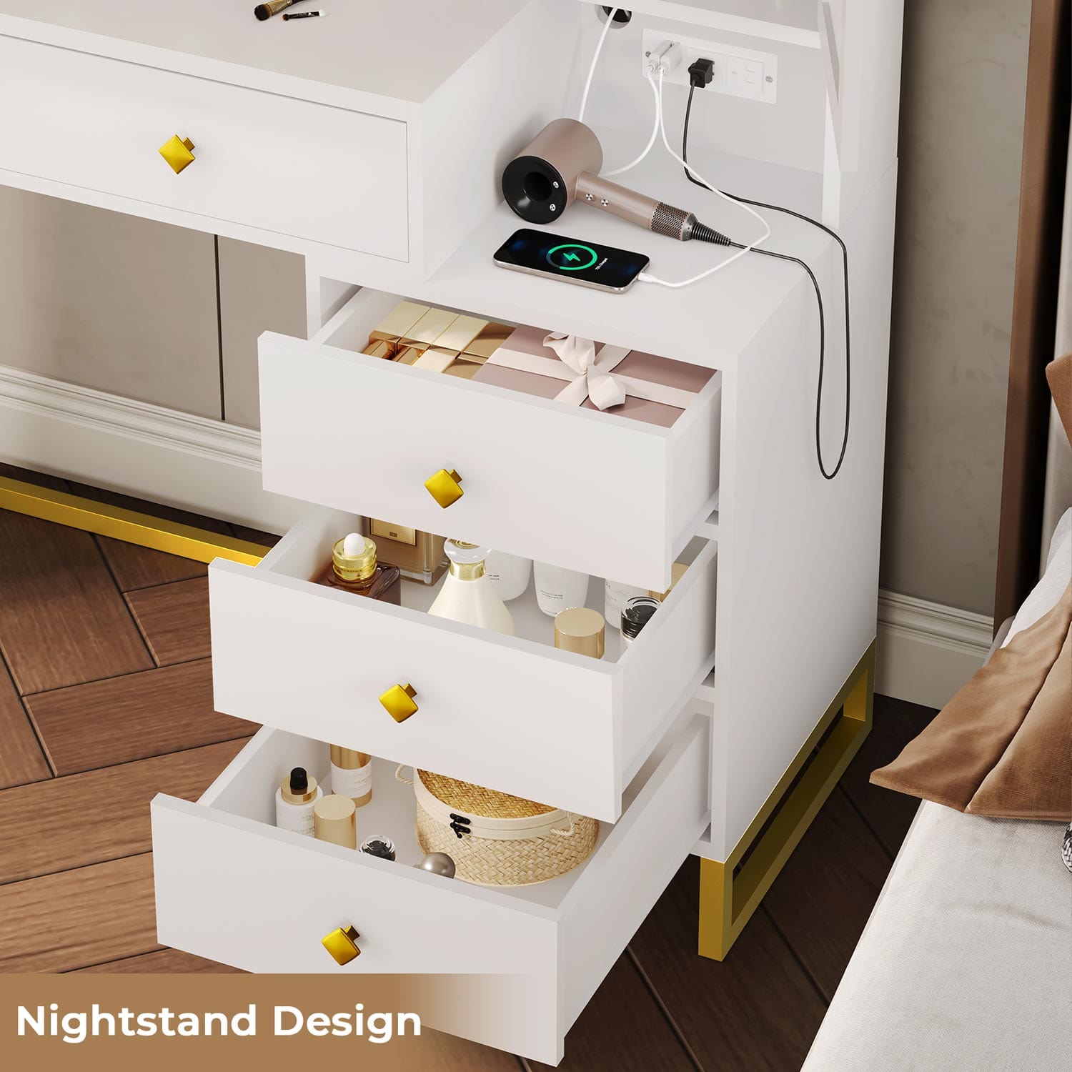 Sikaic Makeup Vanity LED Makeup Vanity With Outlet Nightstand Drawers White & Gold