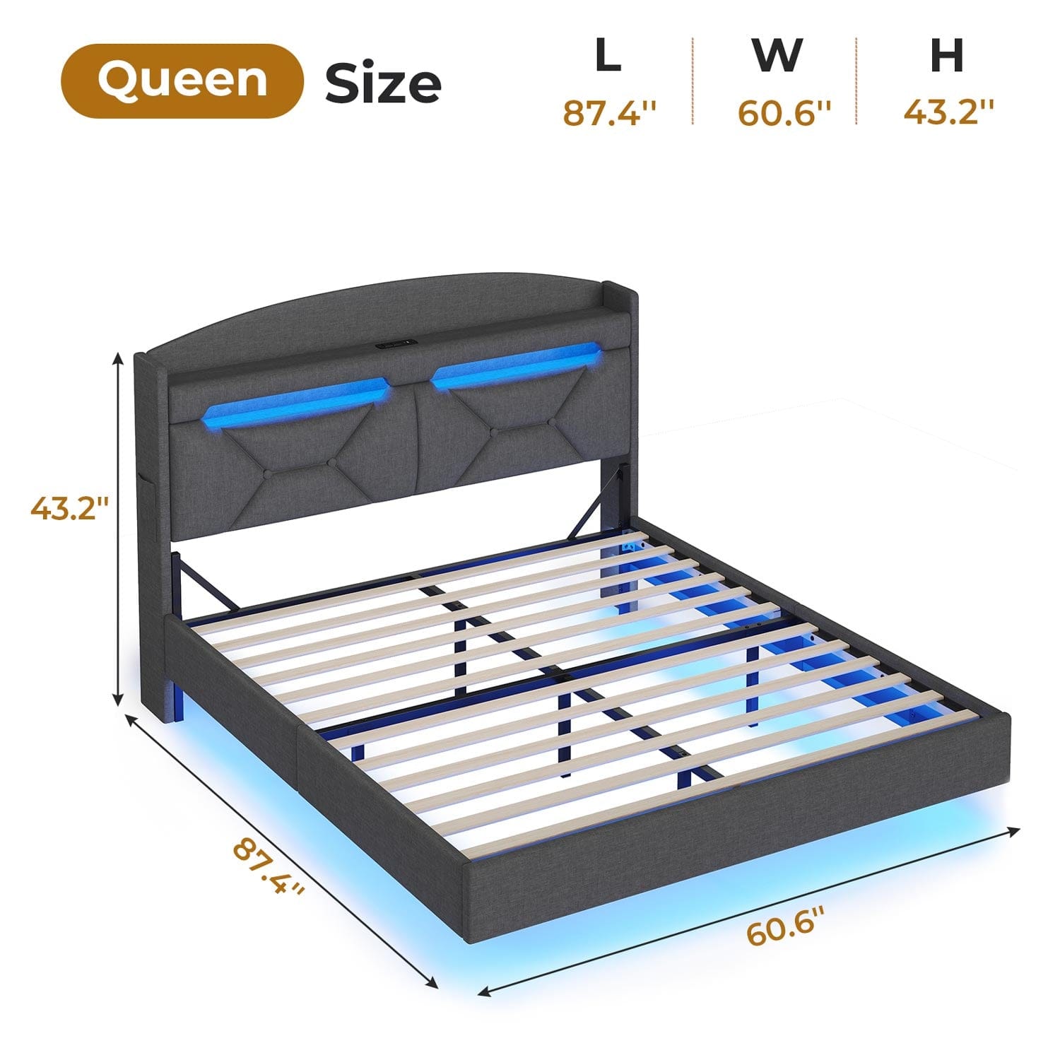 Sikaic Bed Frame LED Floating Bed Frame with Charging Station Hidden Storage Dark Grey