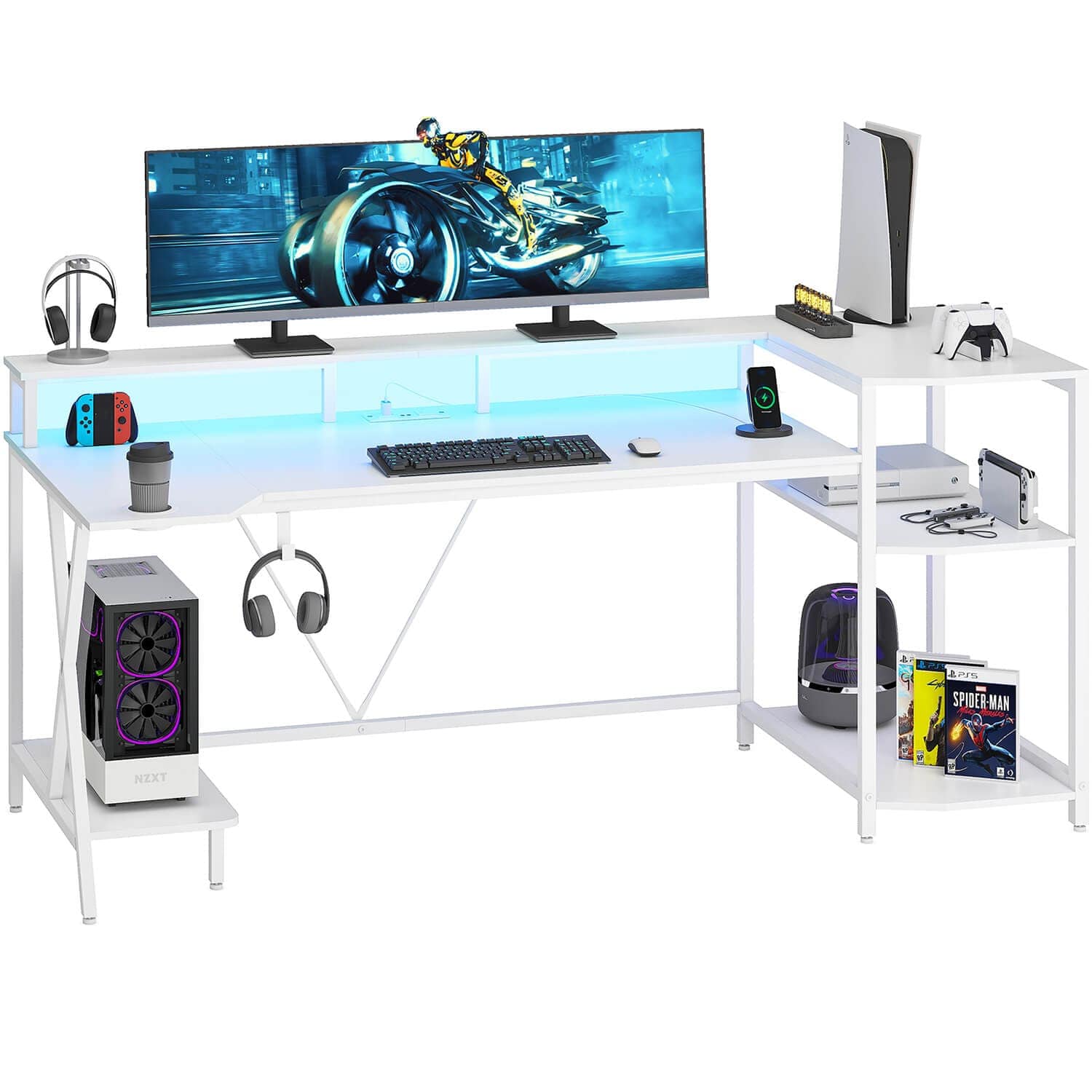 Sikaic Gaming Desk 70.8 Inches Large PC Gamer Gaming Desk with LED Lights Storage Shelves Monitor Stand Power Outlets and Cup Holder White