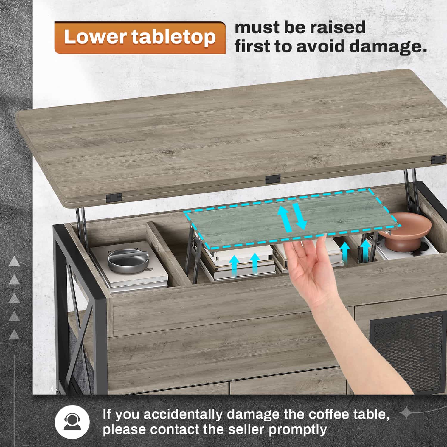 Sikaic Coffee Table 40 Inches 4 in 1 Lift Top Coffee Table with Storage Cabinet 2 Fabric Drawers & LED Light for Dining Room Grey