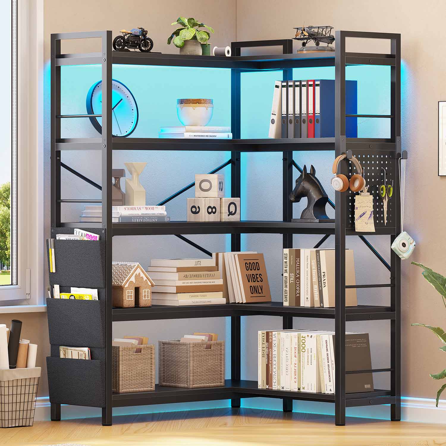 Sikaic Bookshelf 55 Inches Convertible Corner 5-Tier Tall Bookshelf with Pegboard Storage Bag & LED Light for Bedroom Black